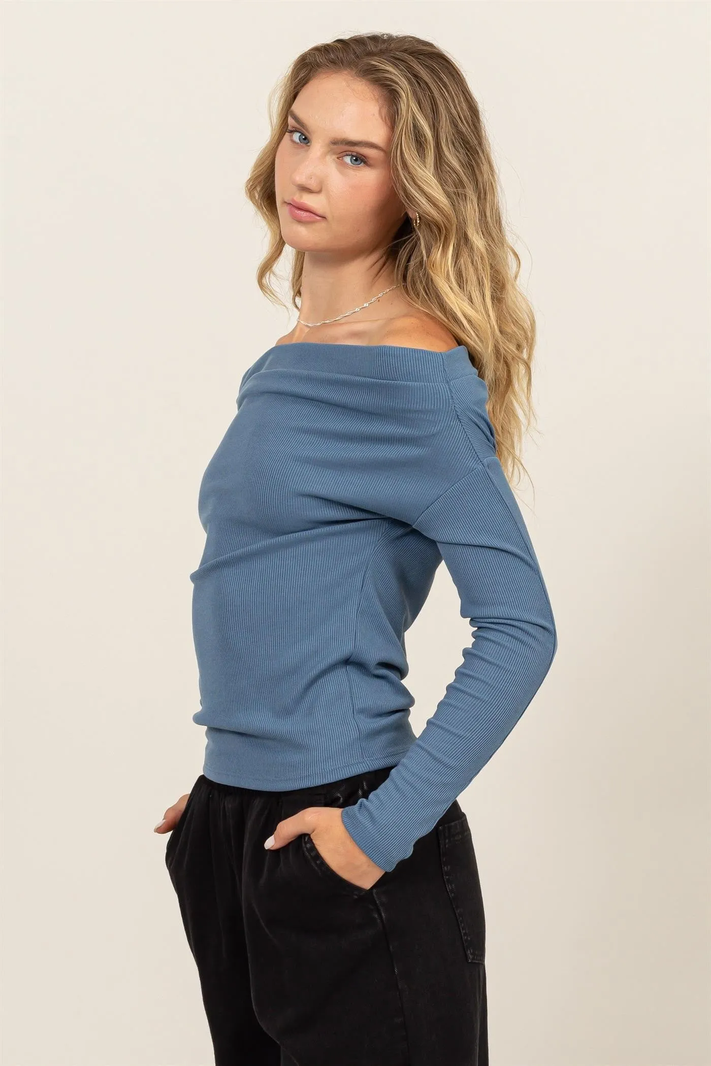 Gray Blue Off Shoulder Ribbed Knit Top sold by Pinkblush product image thumbnail 4