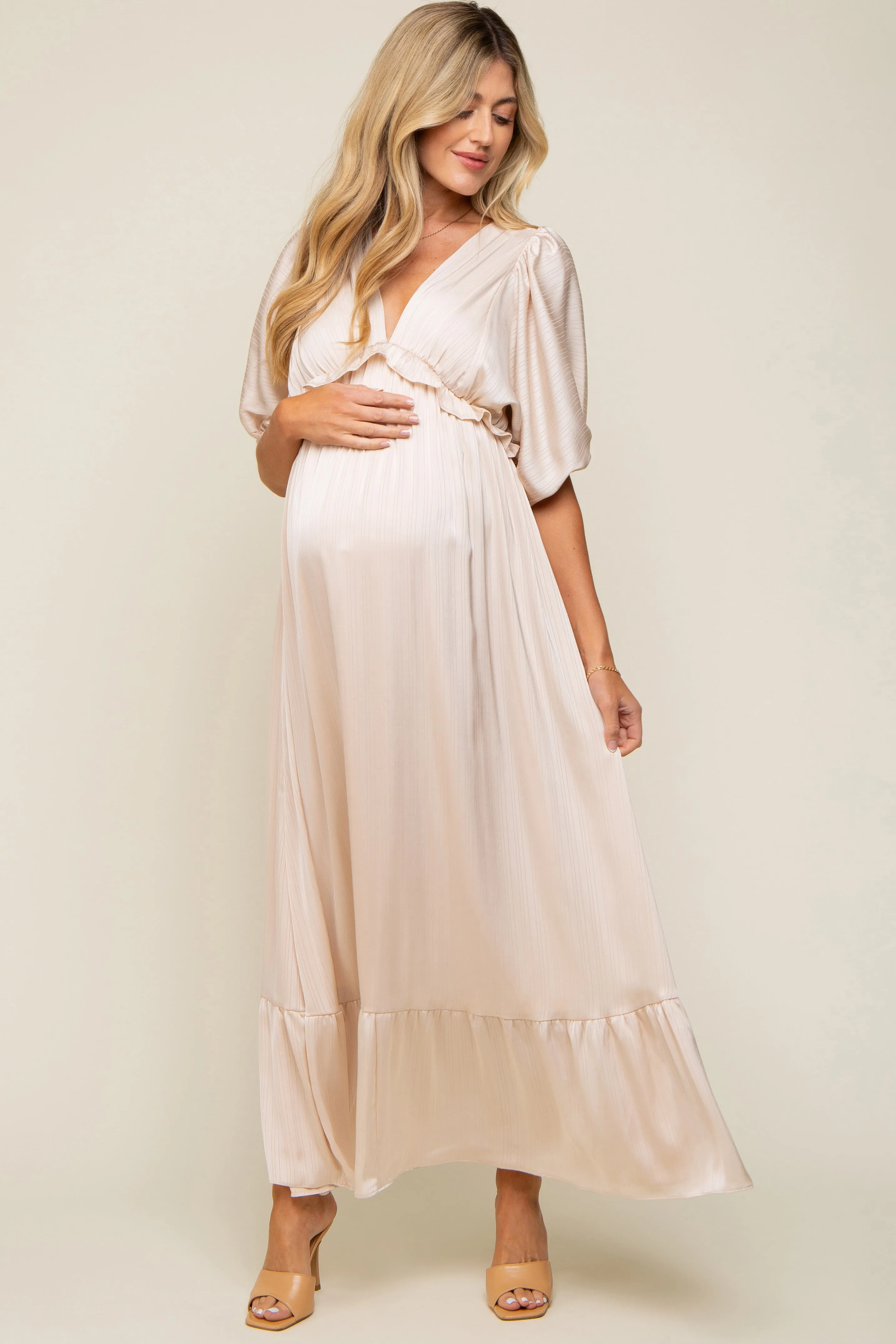 Beige Striped Ruffle Accent Maternity Maxi Dress sold by Pinkblush
