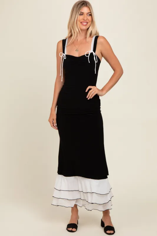Black Shoulder Tie Layered Hem Maxi Dress sold by Pinkblush