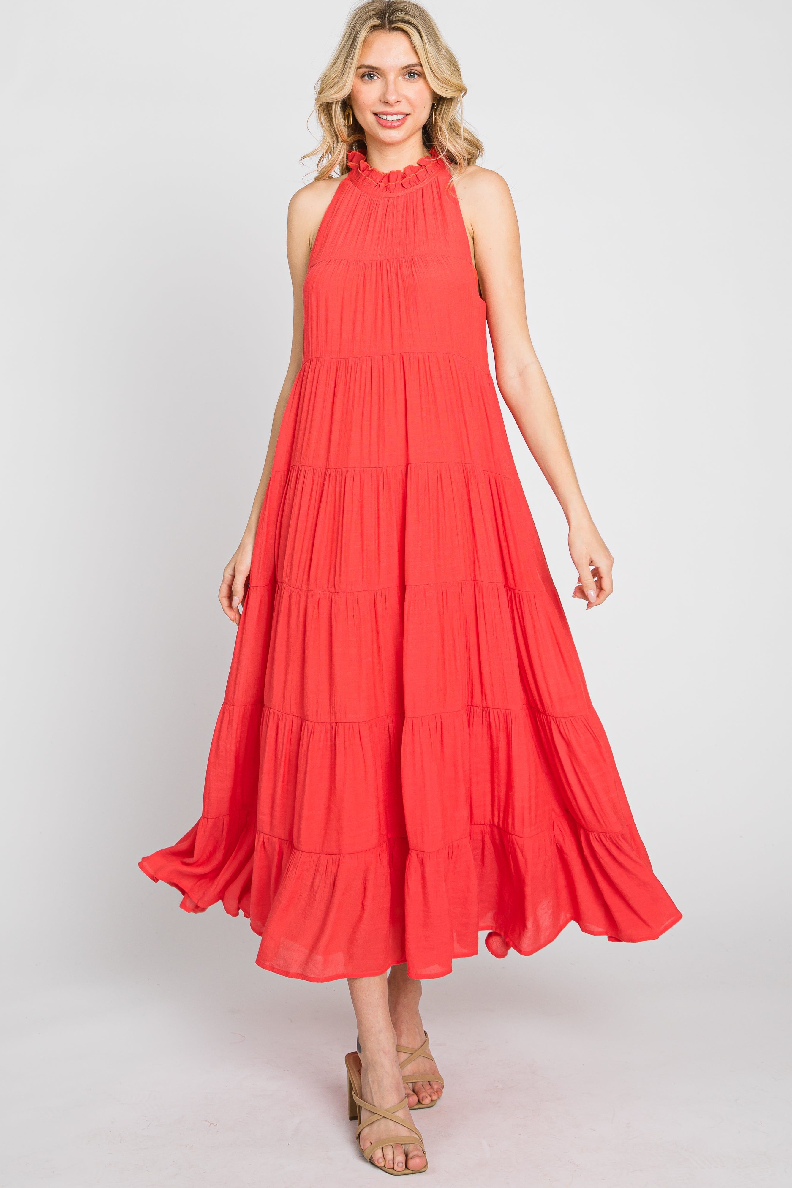 Coral Tiered High Neck Maxi Dress sold by Pinkblush product image thumbnail 2