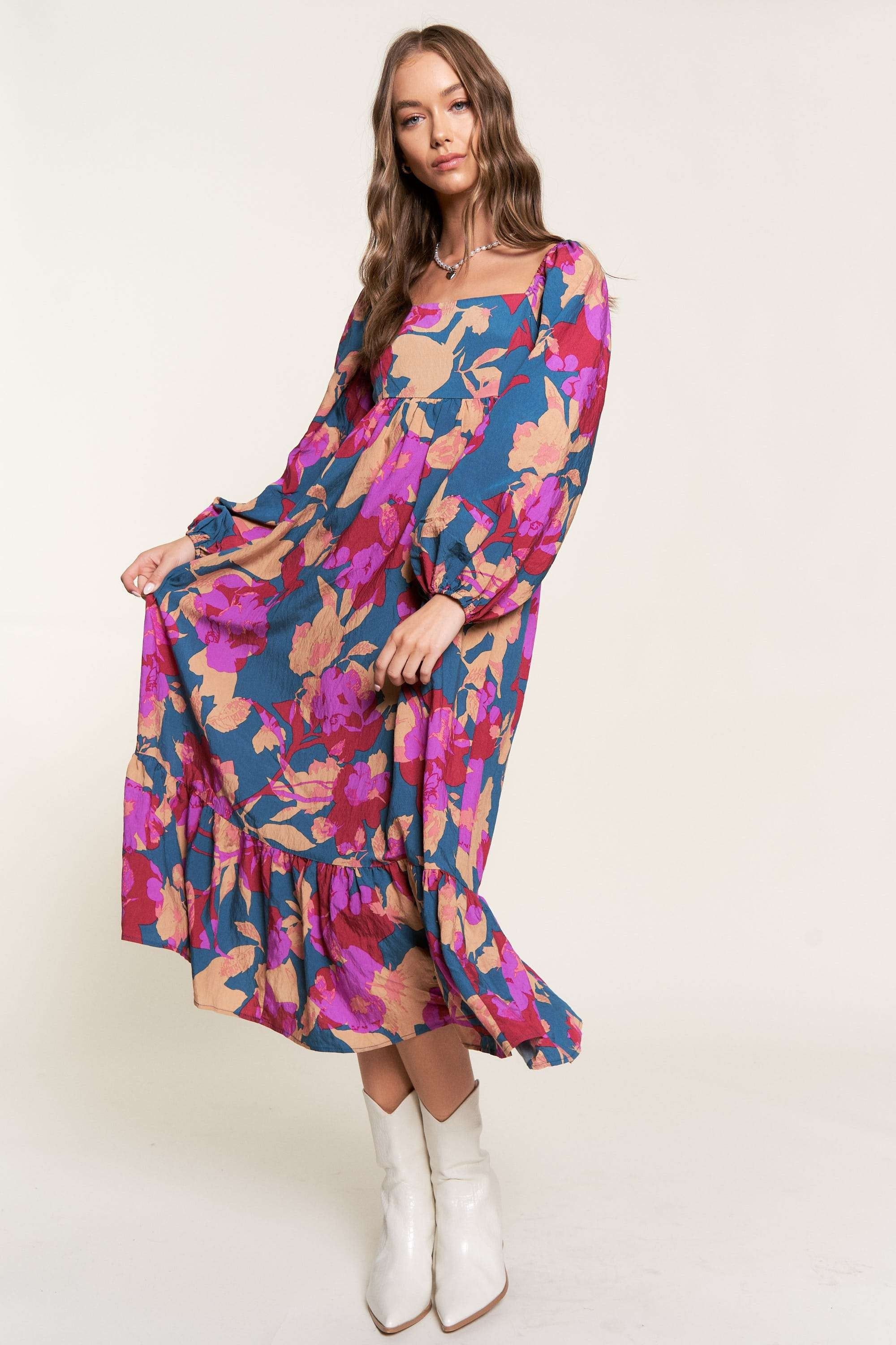 Fuchsia Floral Square Neck Long Sleeve Midi Dress sold by Pinkblush product image thumbnail 2