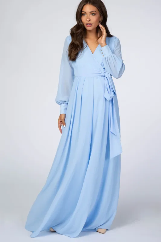 Light Blue Chiffon Long Sleeve Maternity Maxi Dress sold by Pinkblush