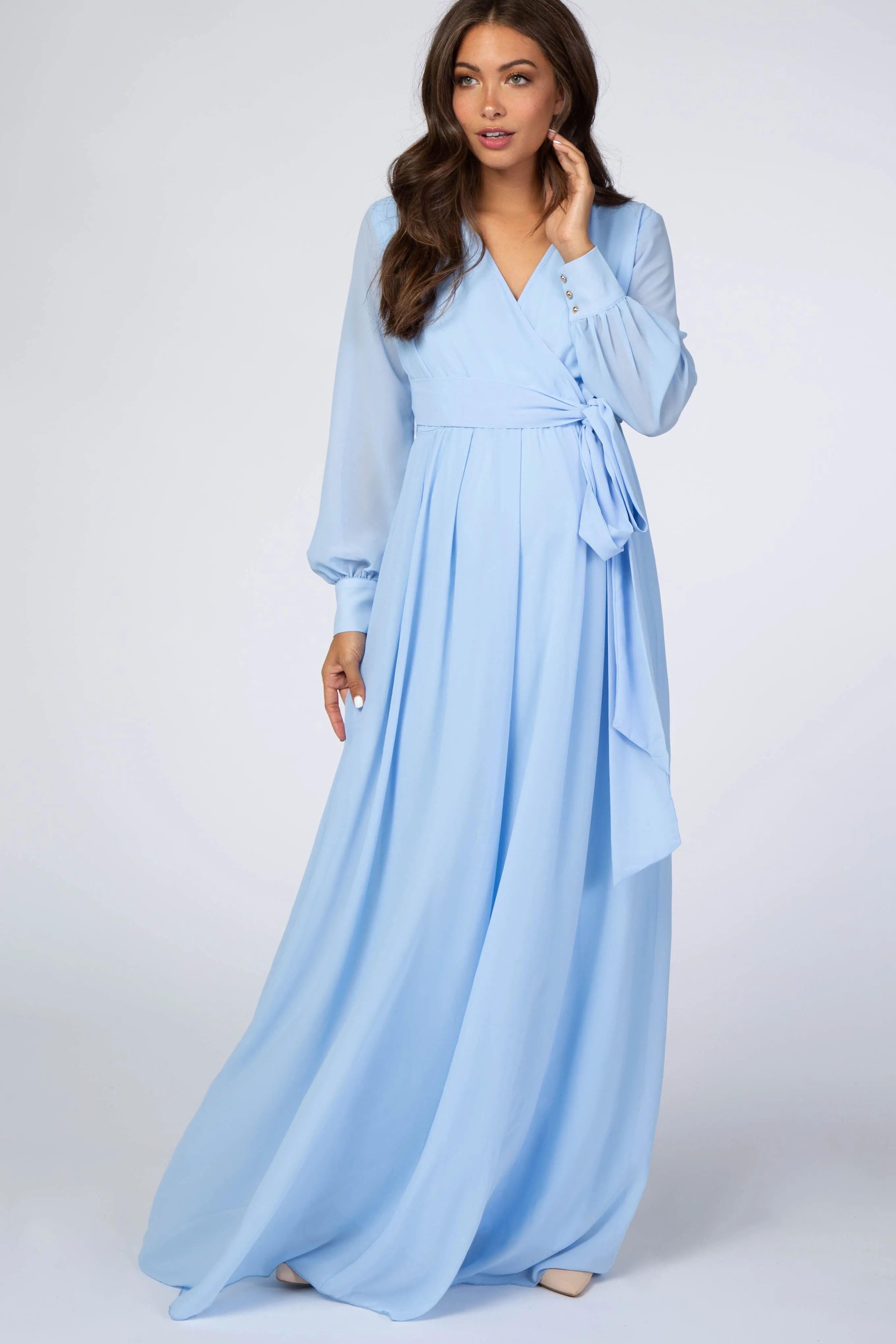 Light Blue Chiffon Long Sleeve Maternity Maxi Dress sold by Pinkblush
