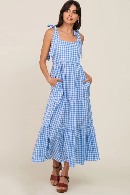 Blue Checkered Sleeveless Tiered Maxi Dress sold by Pinkblush