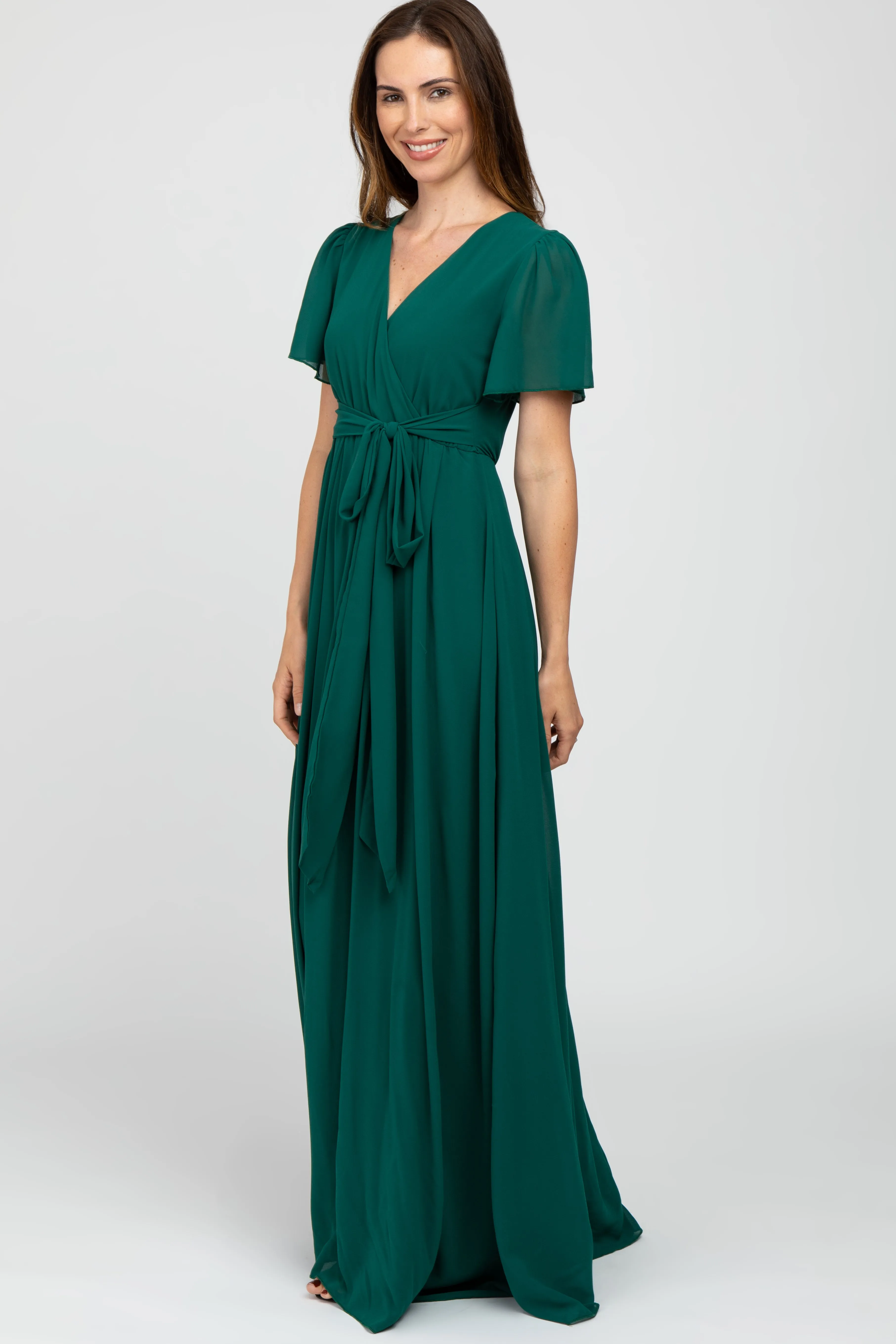 Forest Green Chiffon Short Sleeve Maxi Dress sold by Pinkblush product image thumbnail 2