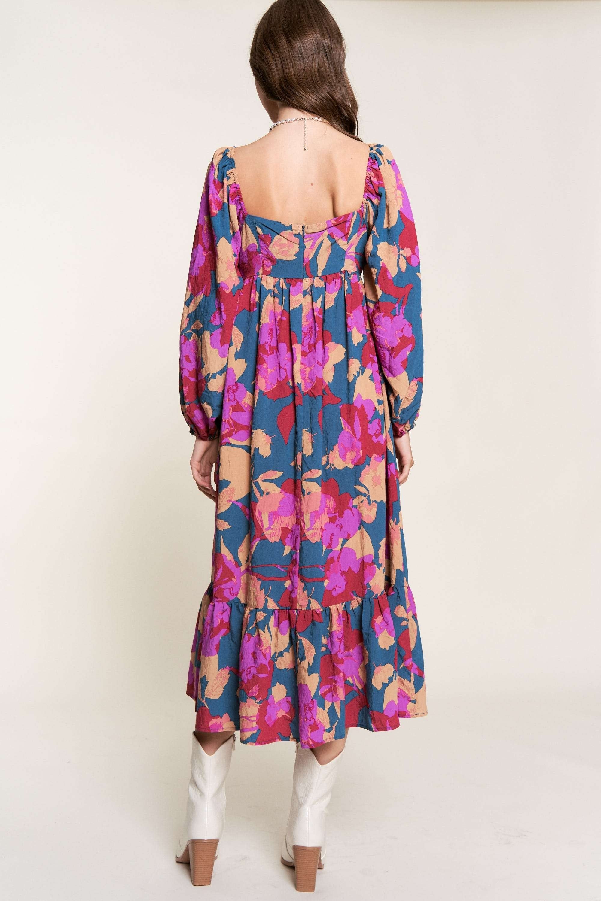Fuchsia Floral Square Neck Long Sleeve Midi Dress sold by Pinkblush product image thumbnail 3