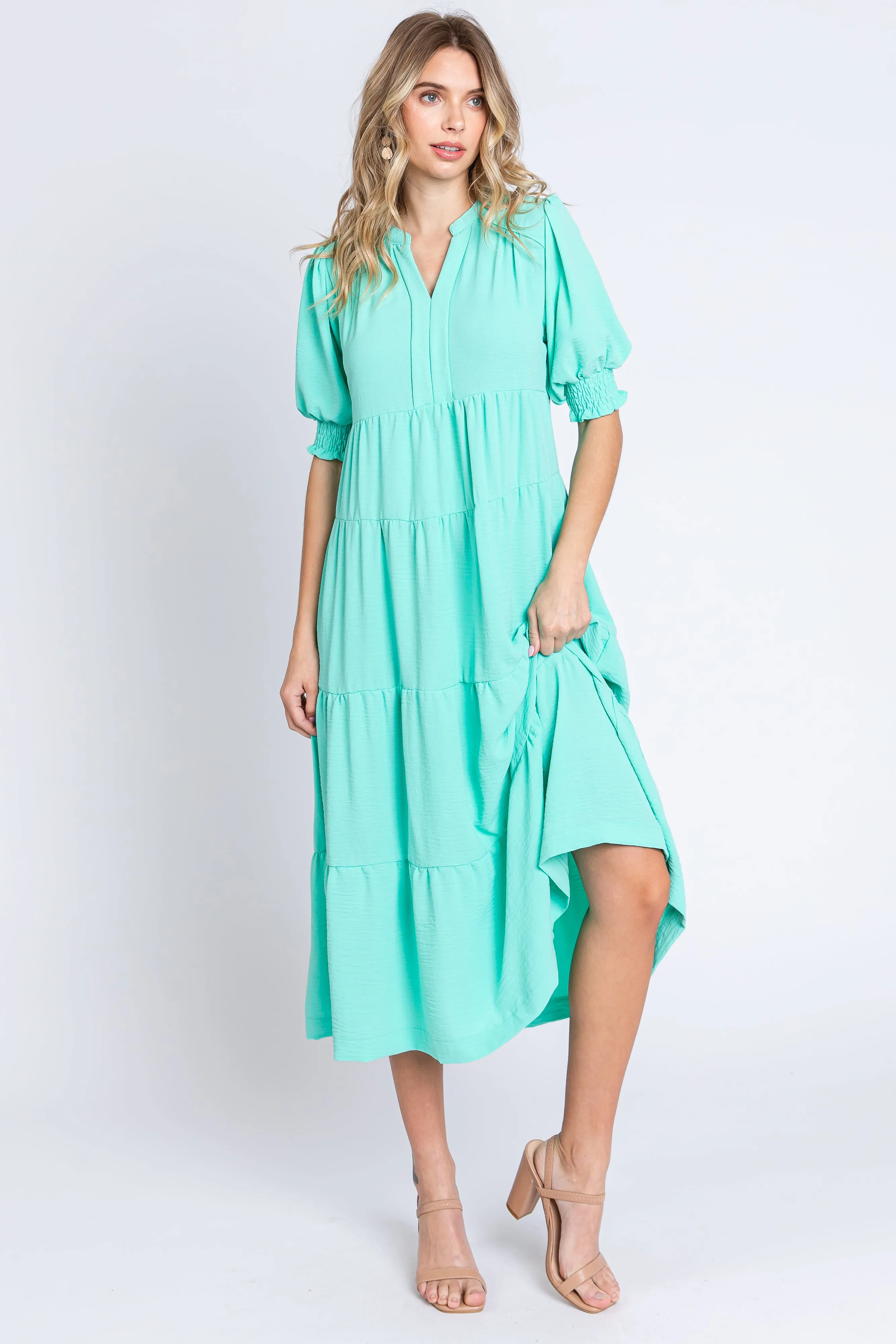 Emerald Short Sleeve Tiered Midi Dress sold by Pinkblush product image thumbnail 4