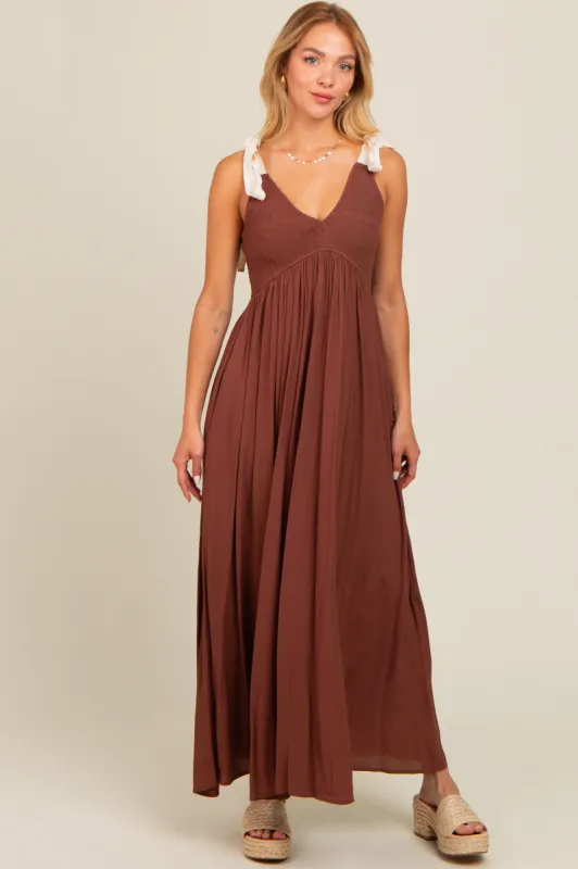 Brown Contrast Shoulder Tie Smocked Maxi Dress sold by Pinkblush