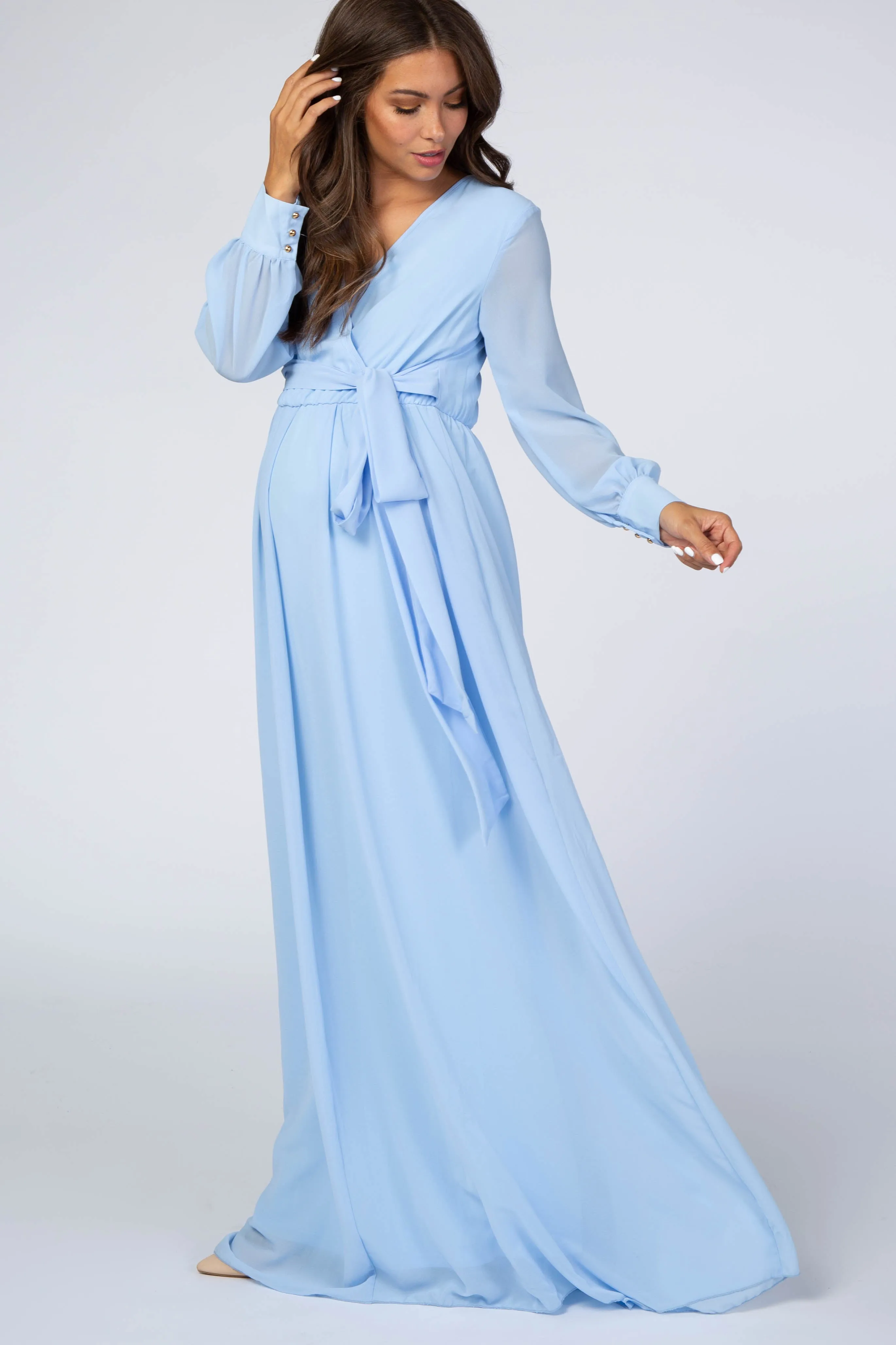 Light Blue Chiffon Long Sleeve Maternity Maxi Dress sold by Pinkblush product image thumbnail 2