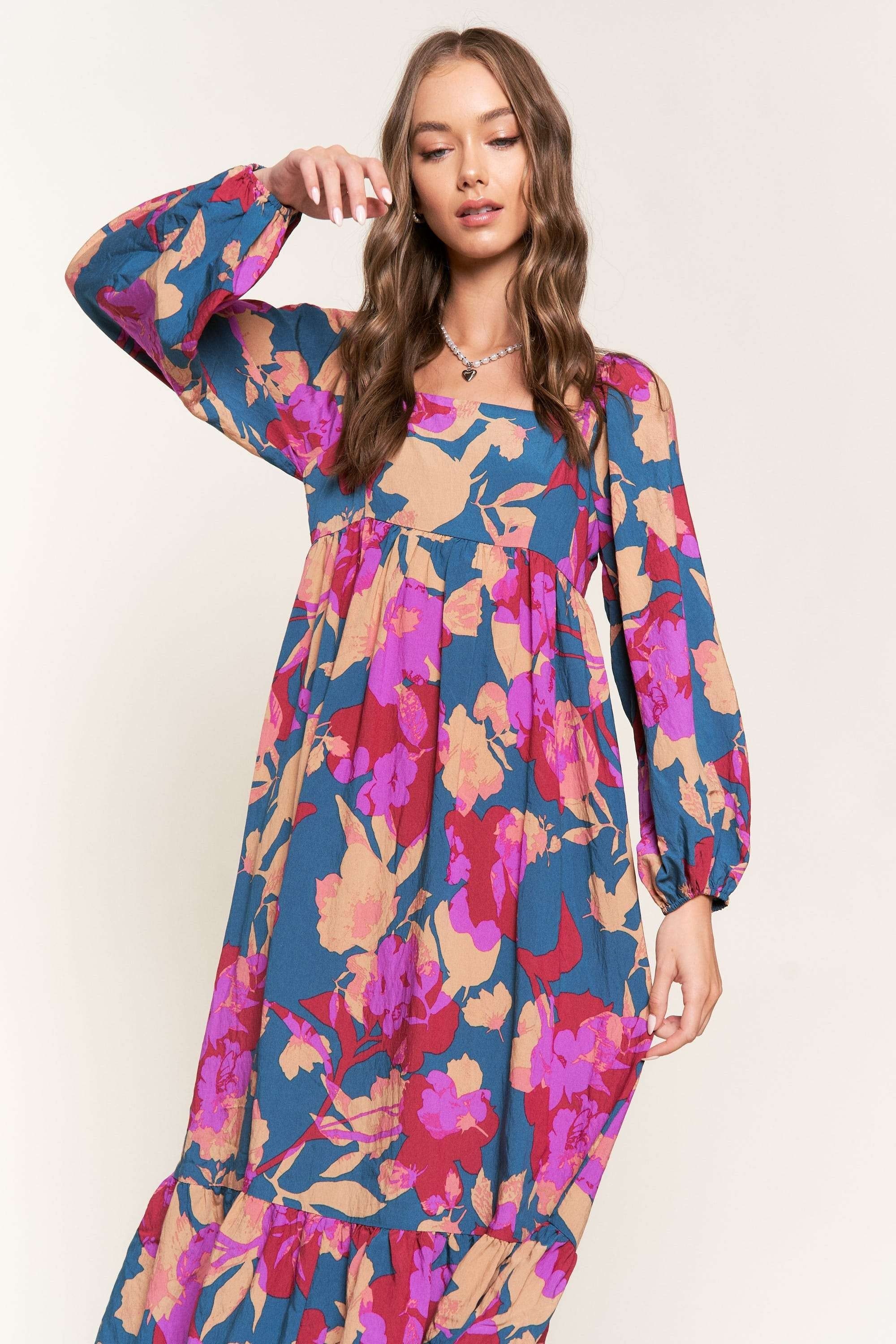 Fuchsia Floral Square Neck Long Sleeve Midi Dress sold by Pinkblush product image thumbnail 4