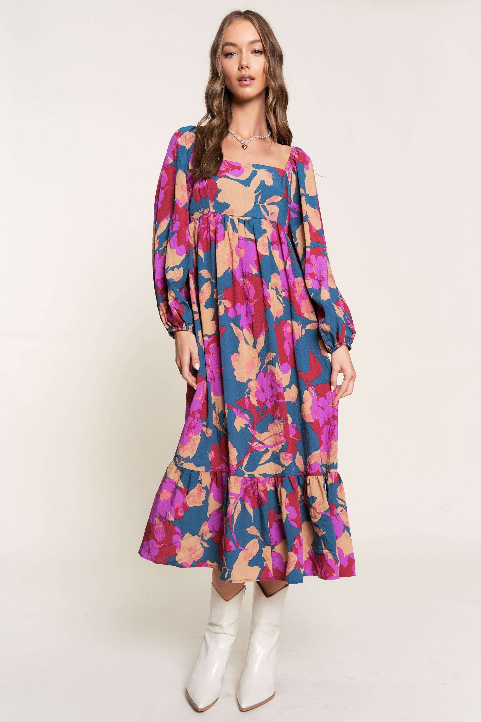 Fuchsia Floral Square Neck Long Sleeve Midi Dress sold by Pinkblush
