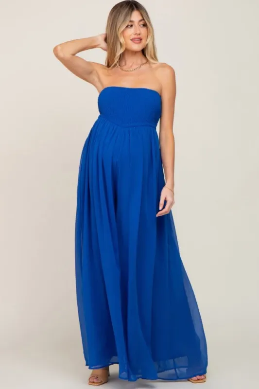 Royal Blue Smocked Strapless Wide Leg Maternity Jumpsuit sold by Pinkblush