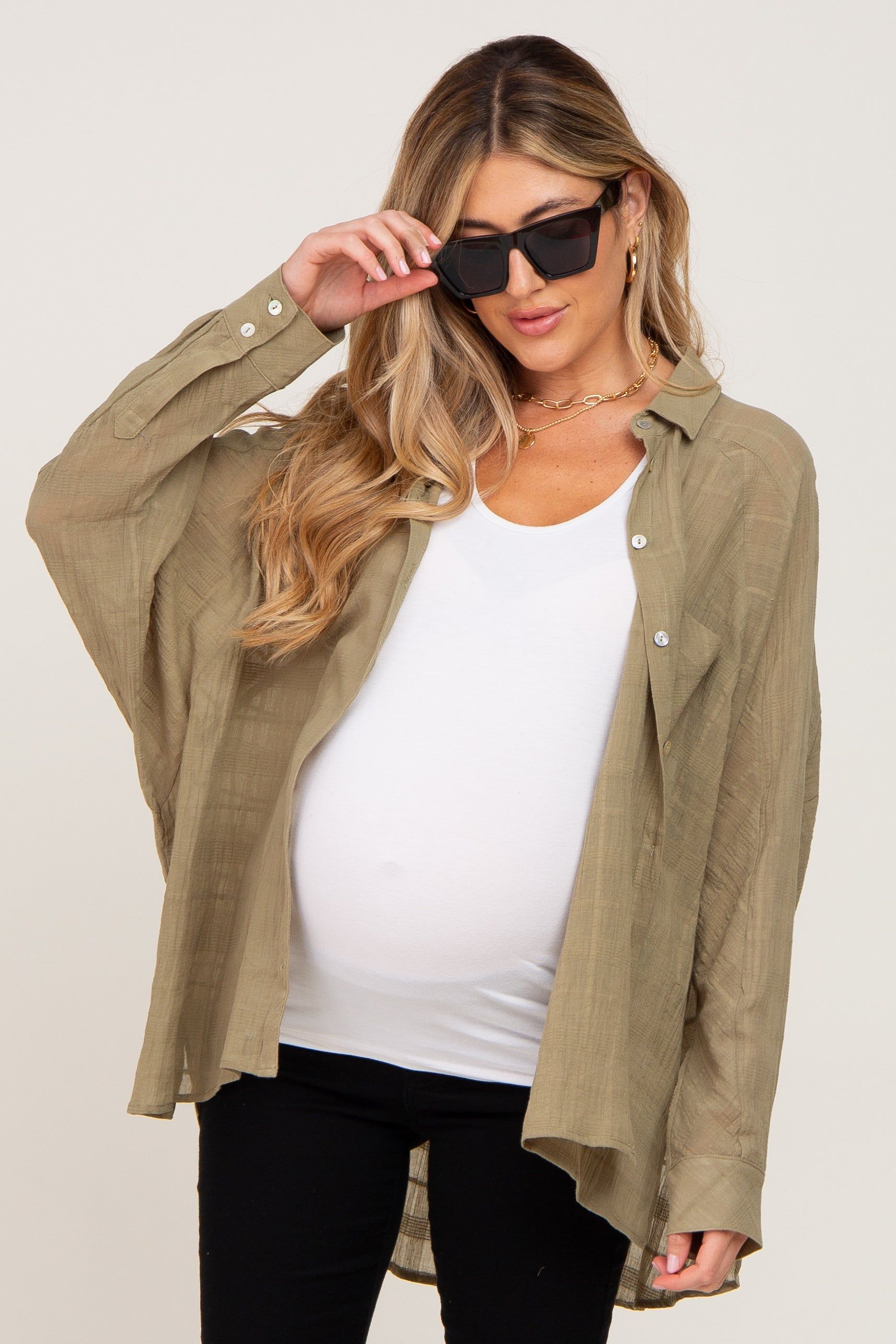 Olive Sheer Button Up Hi-Lo Maternity Top sold by Pinkblush
