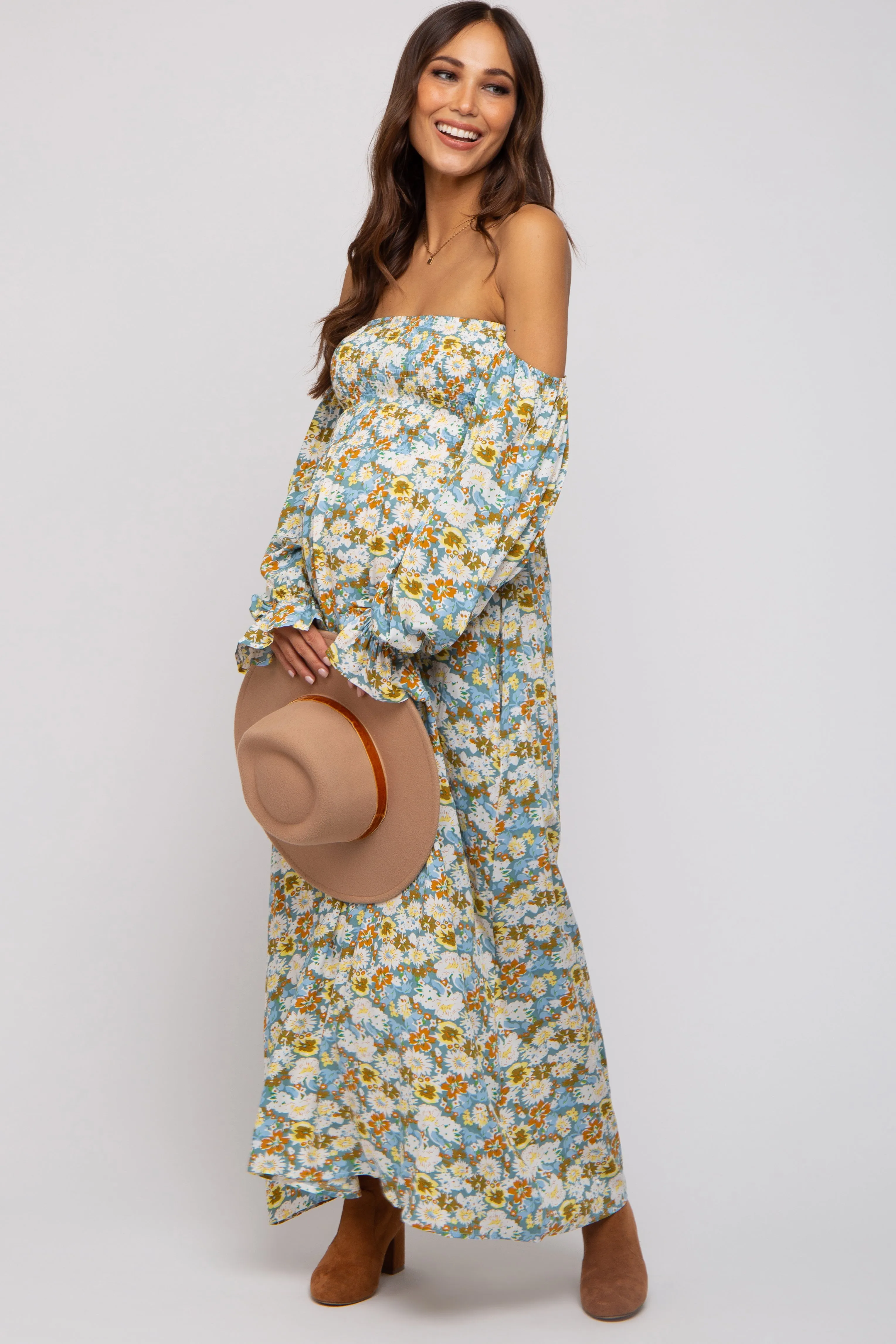 Teal Floral Print Off Shoulder Smocked Maternity Maxi Dress sold by Pinkblush product image thumbnail 4