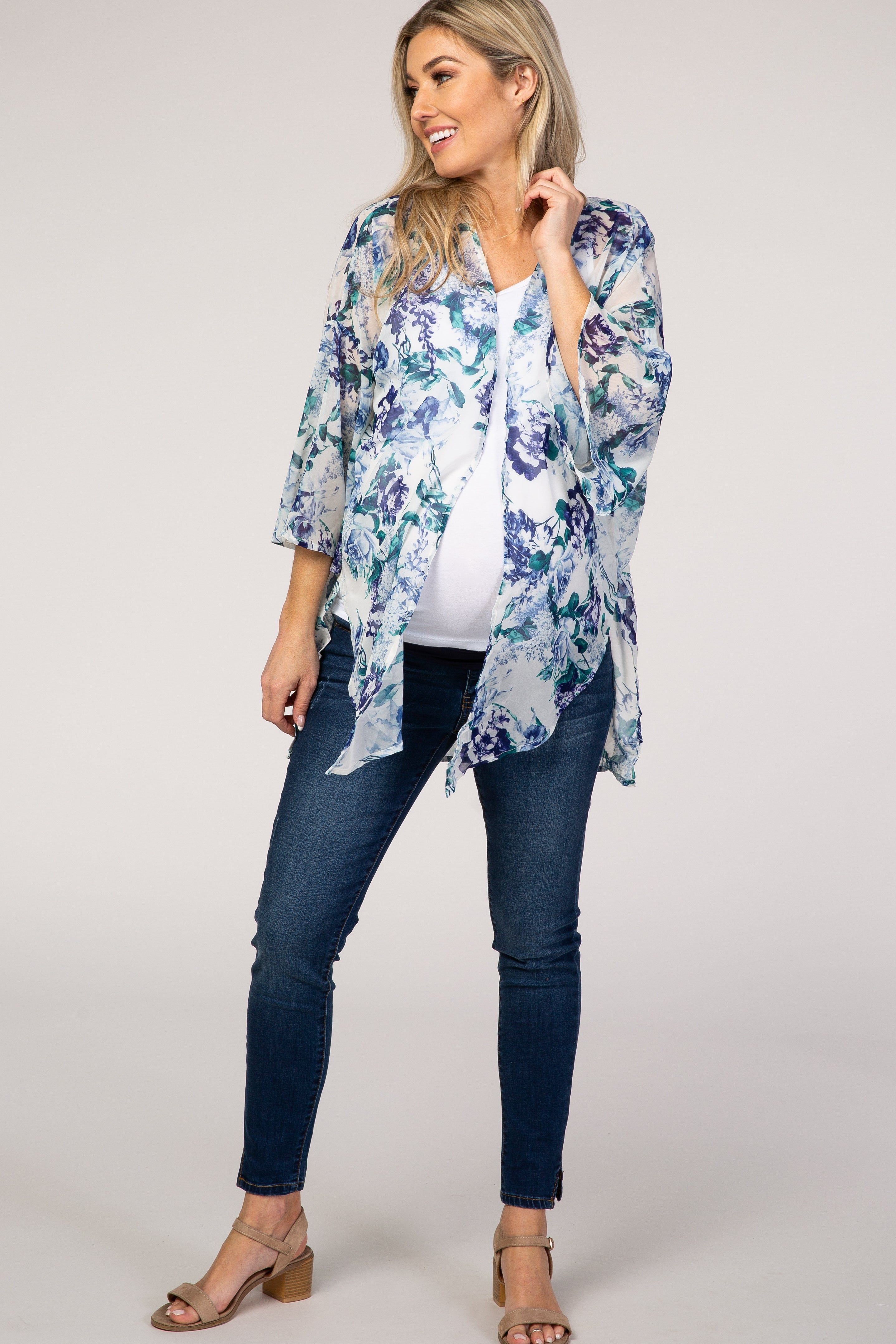 PinkBlush Ivory Blue Floral Chiffon Bell Sleeve Maternity Cover Up sold by Pinkblush product image thumbnail 4