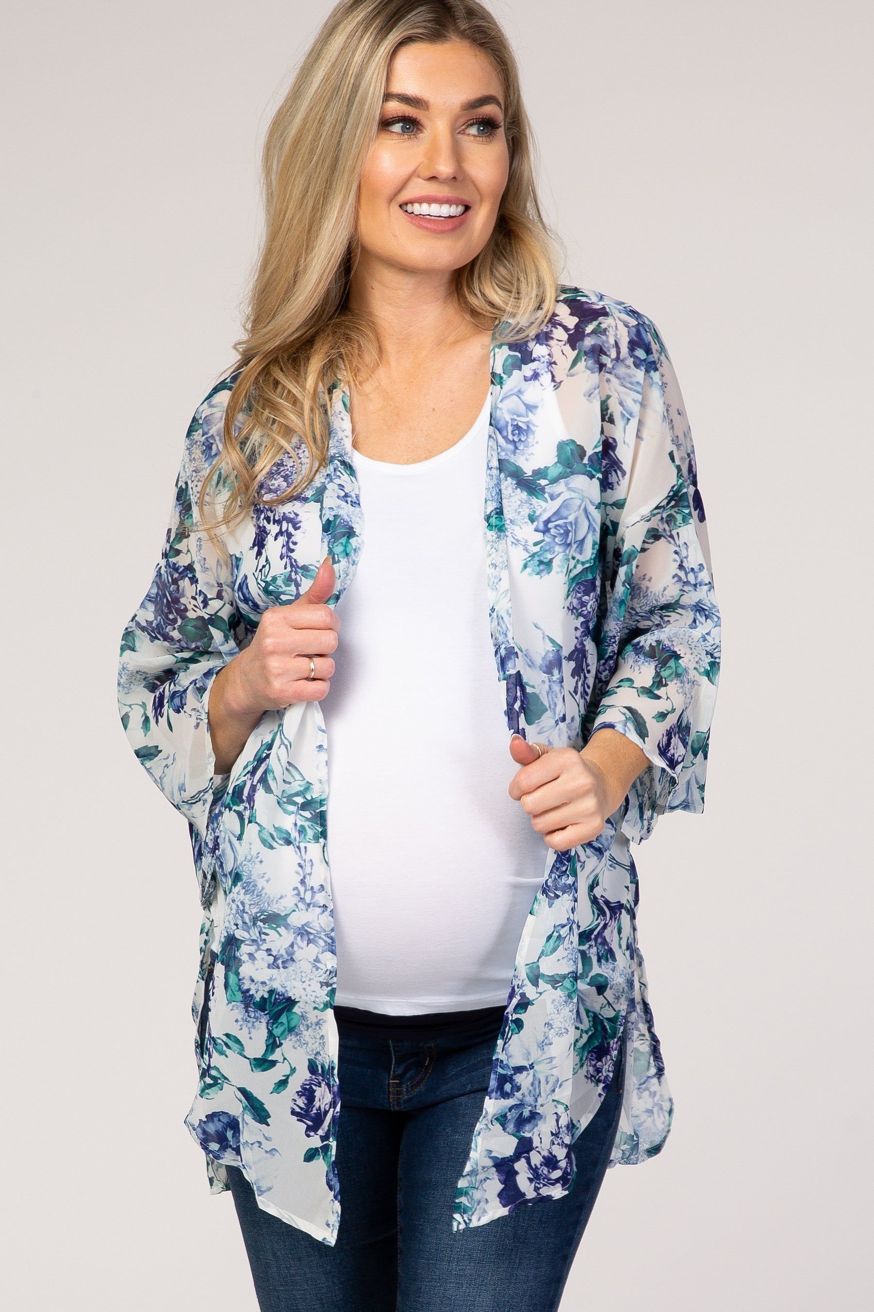 PinkBlush Ivory Blue Floral Chiffon Bell Sleeve Maternity Cover Up sold by Pinkblush