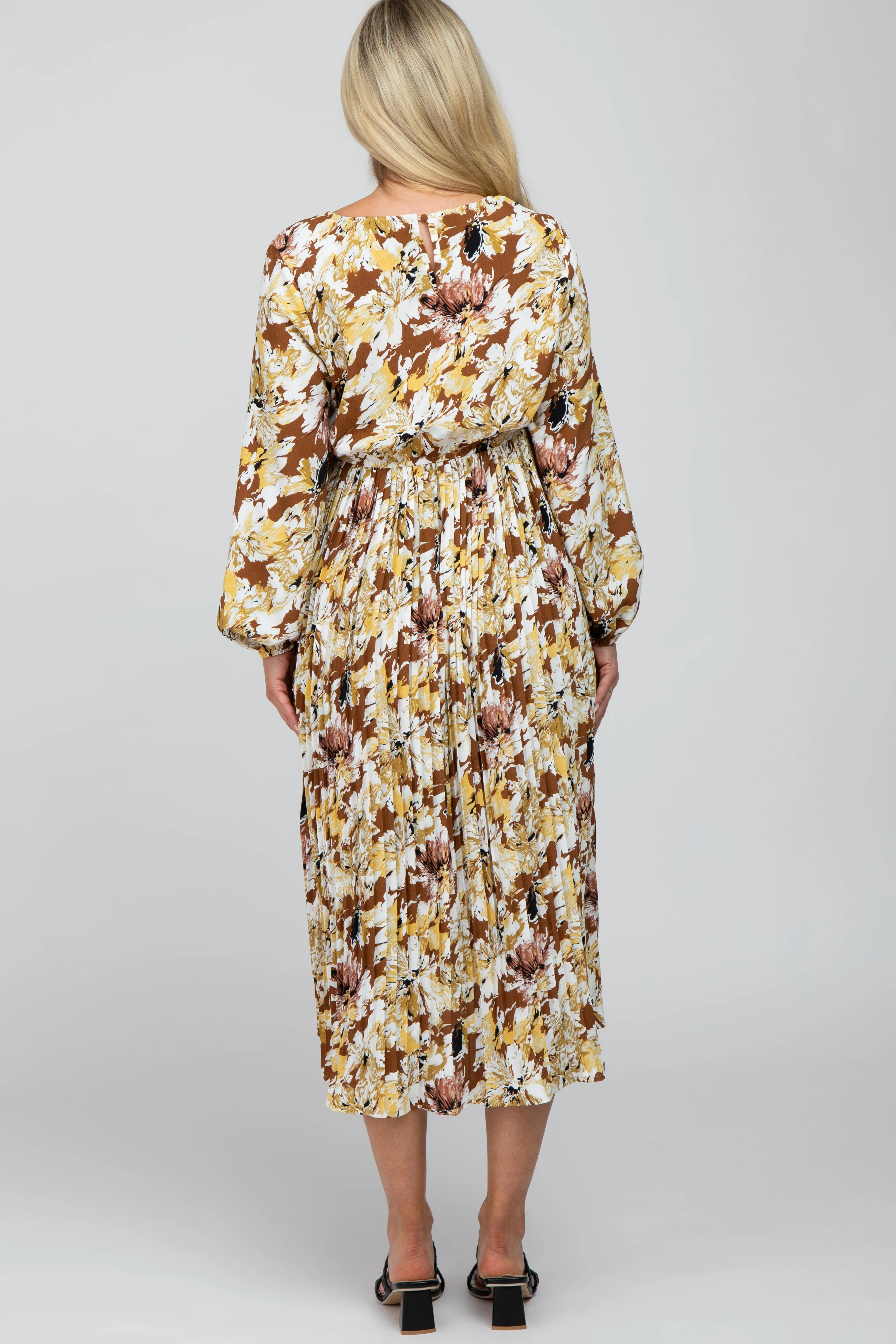 Brown Floral Pleated Maternity Midi Dress sold by Pinkblush product image thumbnail 3