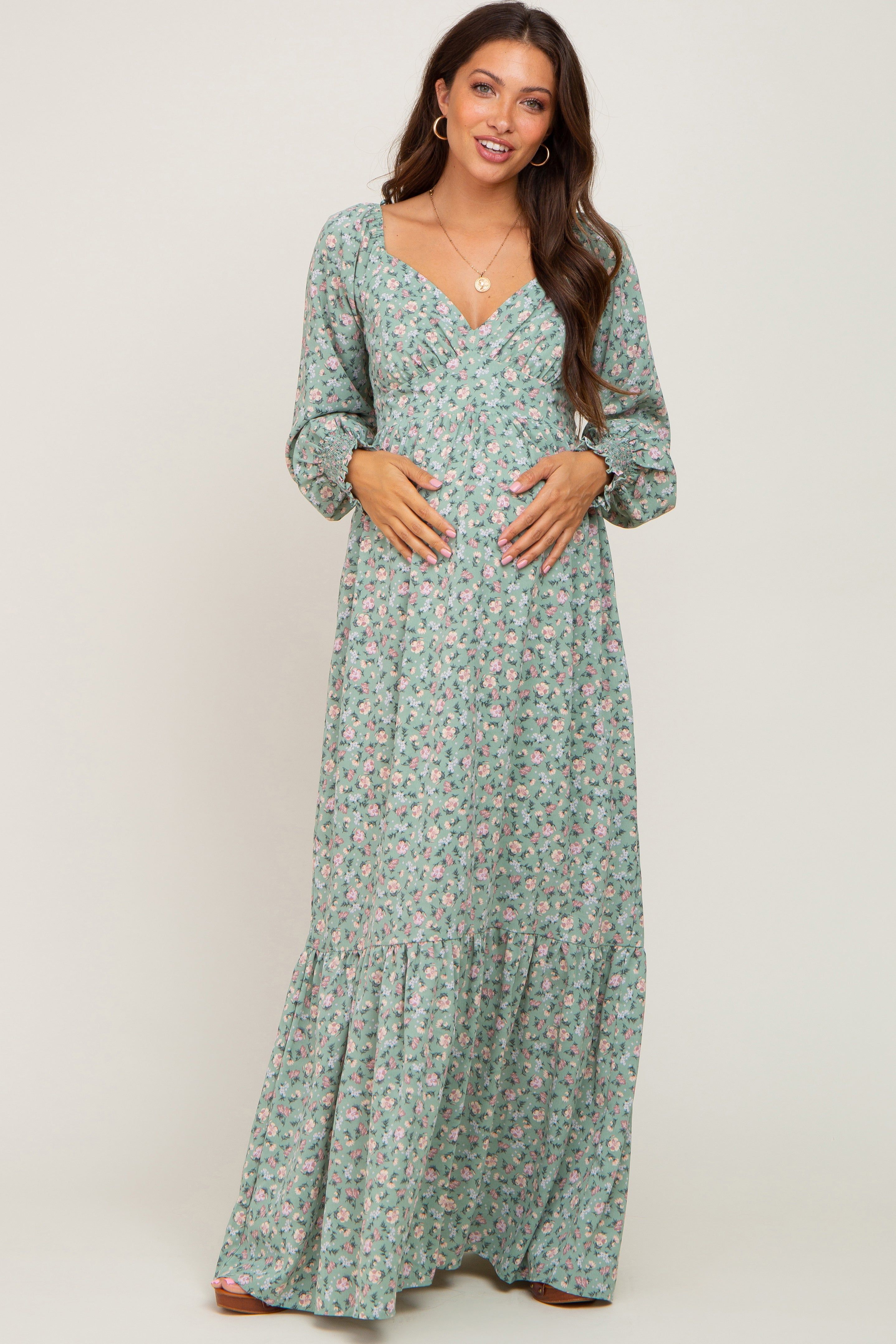 Mint Green Floral Long Sleeve Maternity Maxi Dress sold by Pinkblush