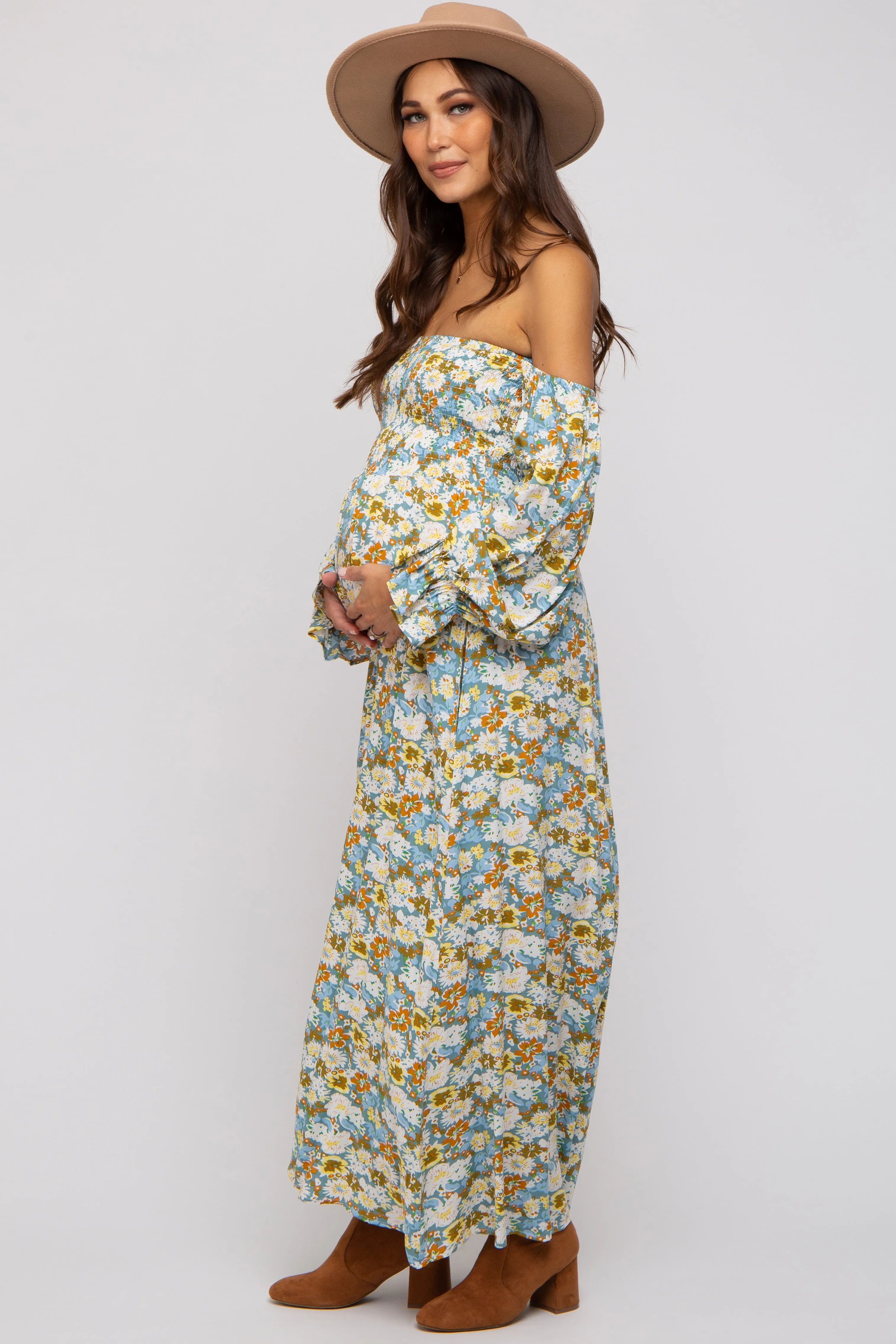 Teal Floral Print Off Shoulder Smocked Maternity Maxi Dress sold by Pinkblush product image thumbnail 2