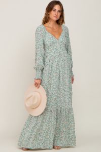 Mint Green Floral Long Sleeve Maternity Maxi Dress sold by Pinkblush