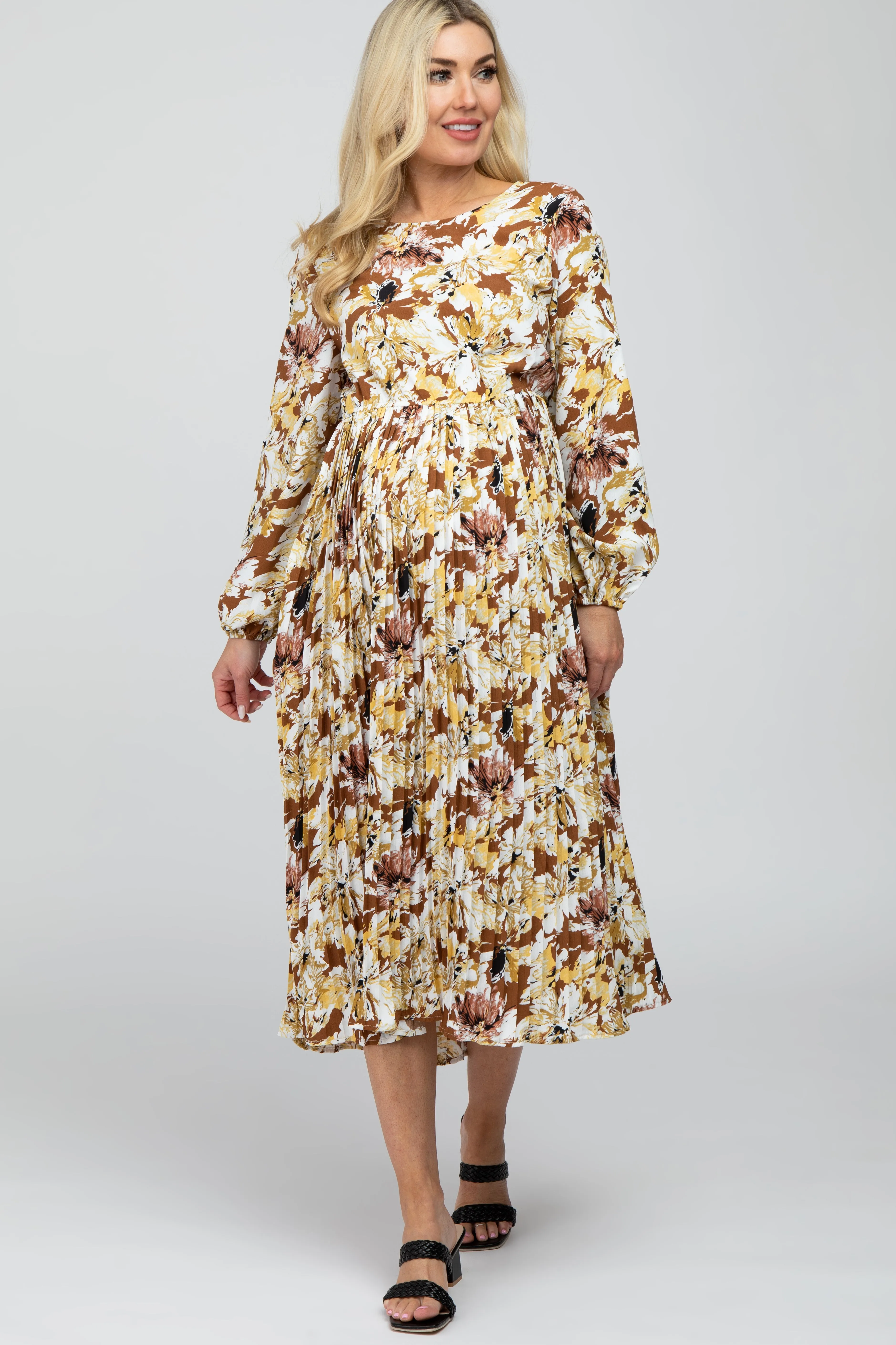Brown Floral Pleated Maternity Midi Dress sold by Pinkblush