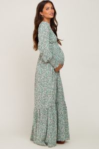 Mint Green Floral Long Sleeve Maternity Maxi Dress sold by Pinkblush