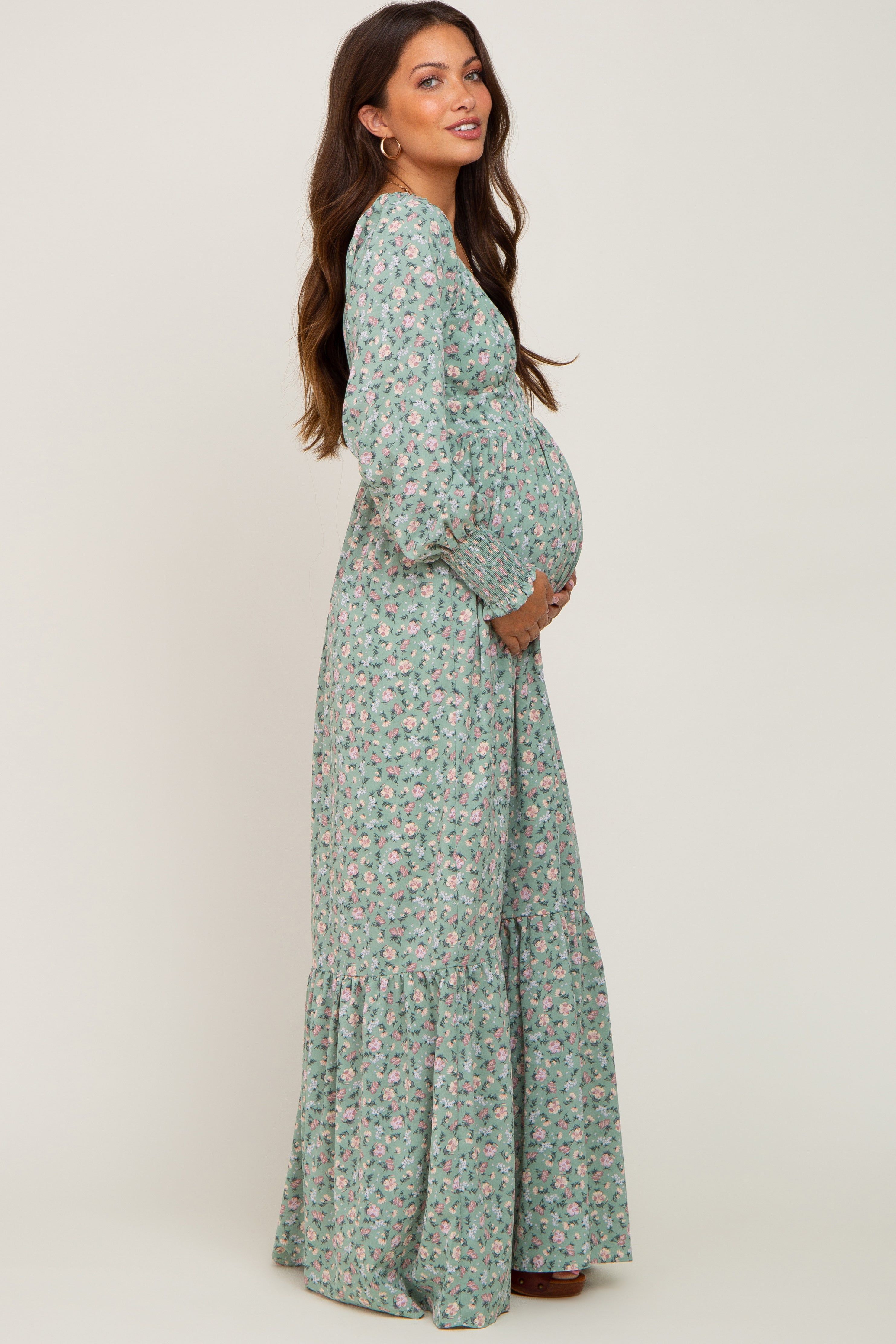 Mint Green Floral Long Sleeve Maternity Maxi Dress sold by Pinkblush product image thumbnail 2
