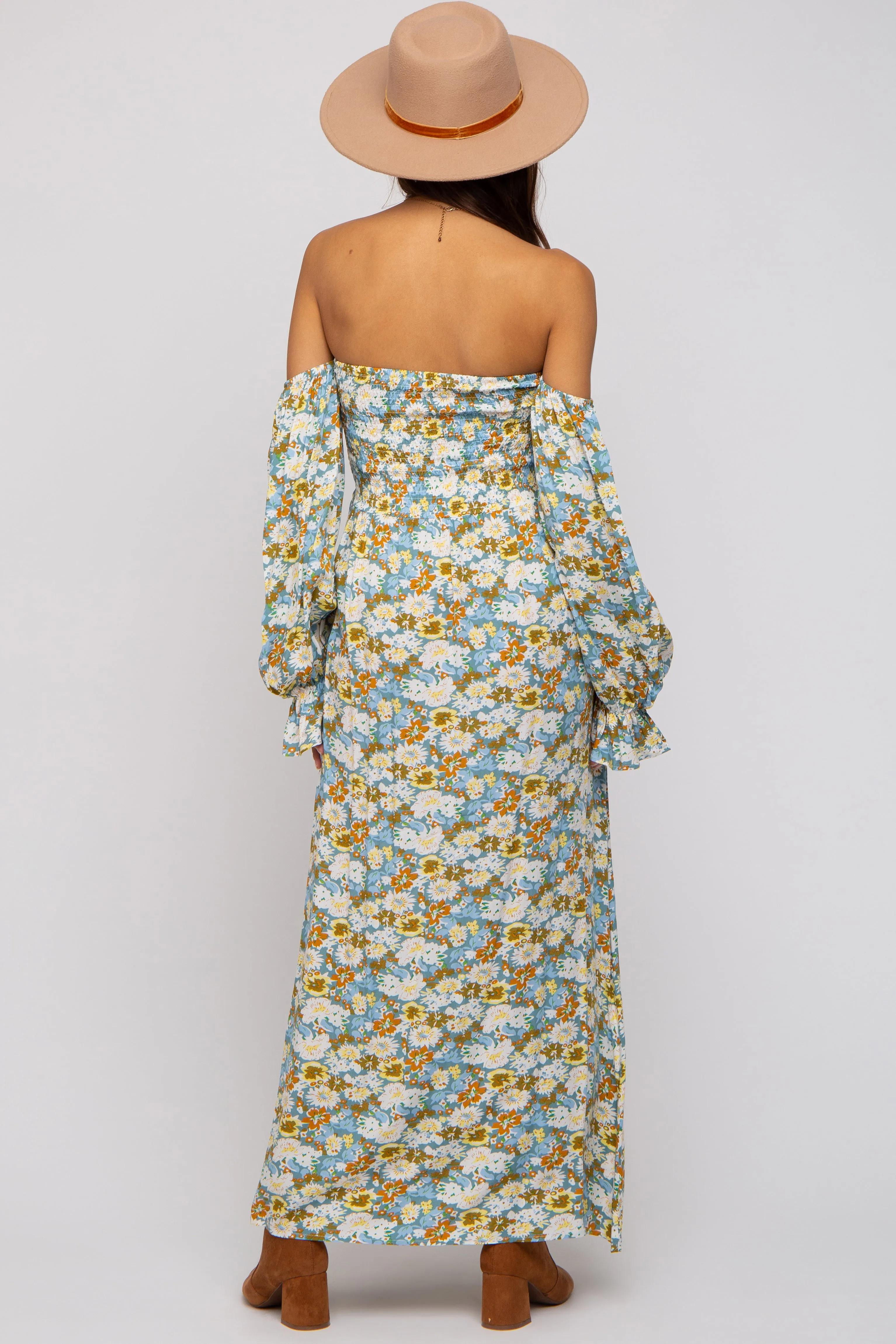 Teal Floral Print Off Shoulder Smocked Maternity Maxi Dress sold by Pinkblush product image thumbnail 3