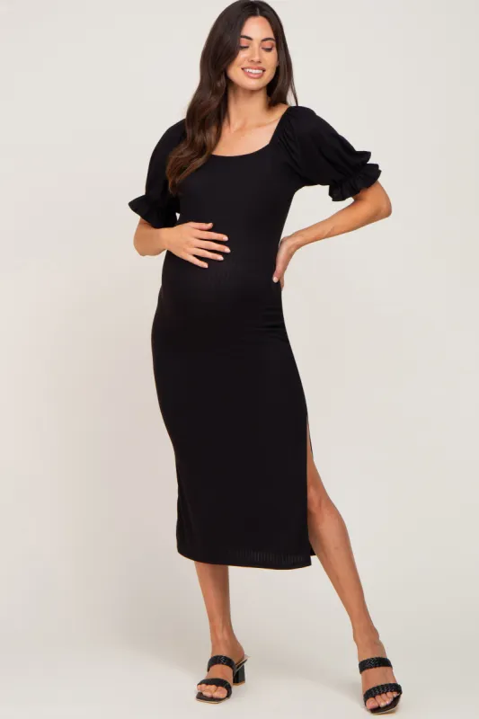Black Ribbed Puff Sleeve Side Slit Maternity Midi Dress sold by Pinkblush