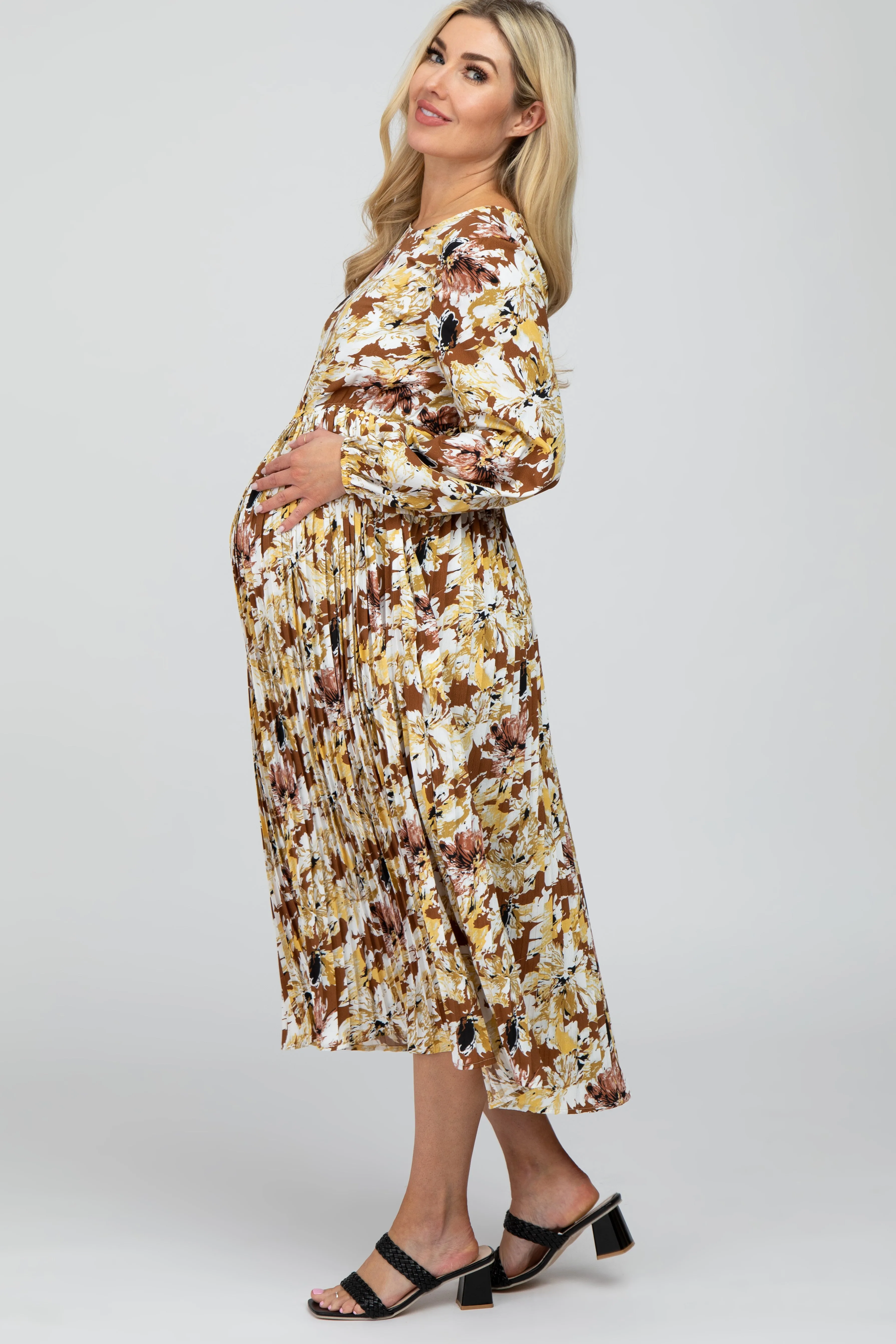 Brown Floral Pleated Maternity Midi Dress sold by Pinkblush product image thumbnail 2