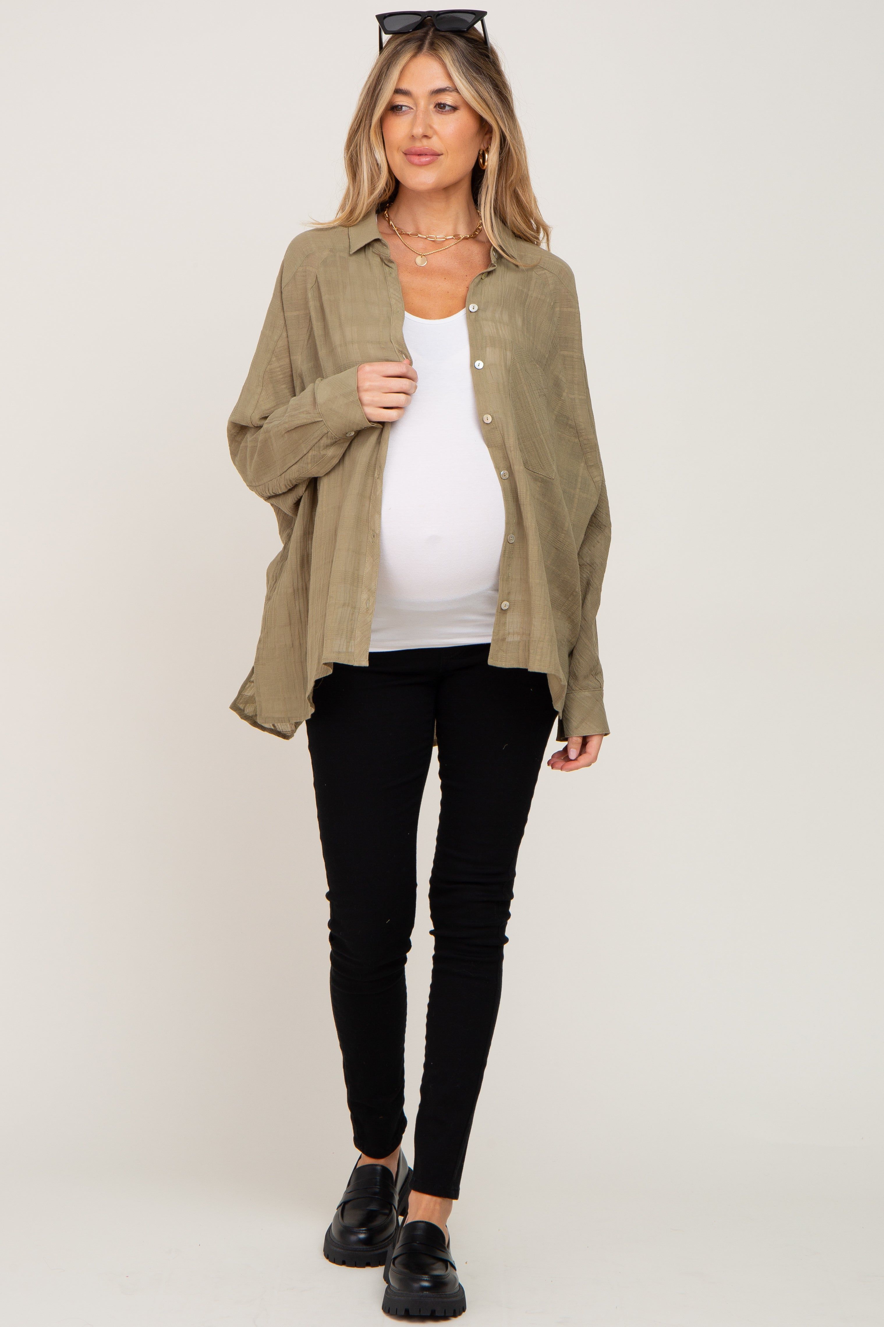 Olive Sheer Button Up Hi-Lo Maternity Top sold by Pinkblush product image thumbnail 4
