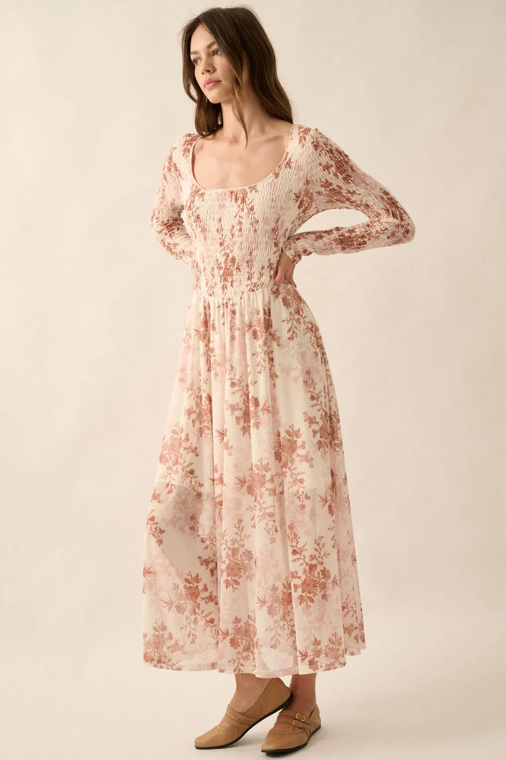 Cream Floral Smocked Woven Maxi Dress sold by Pinkblush product image thumbnail 4