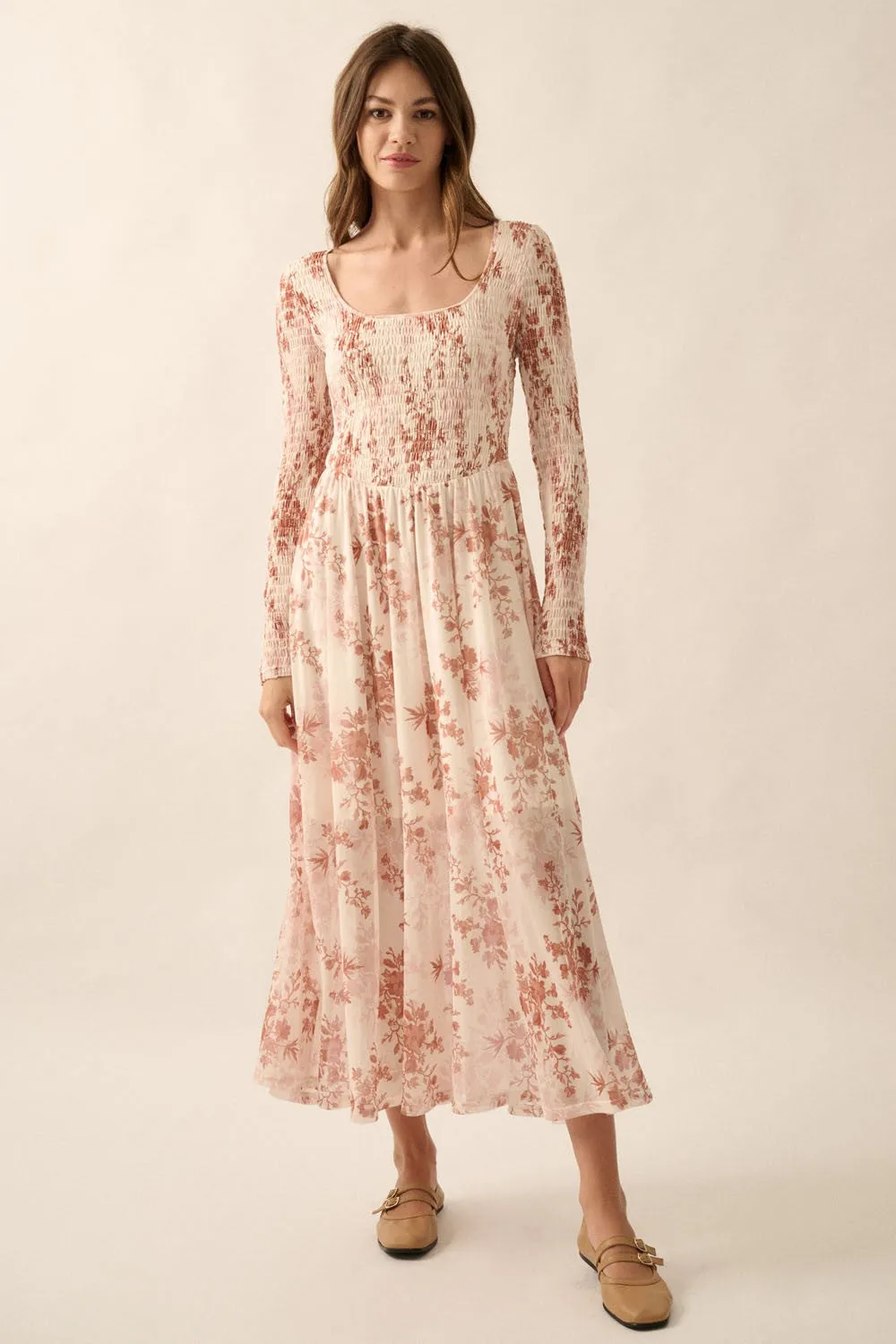 Cream Floral Smocked Woven Maxi Dress sold by Pinkblush