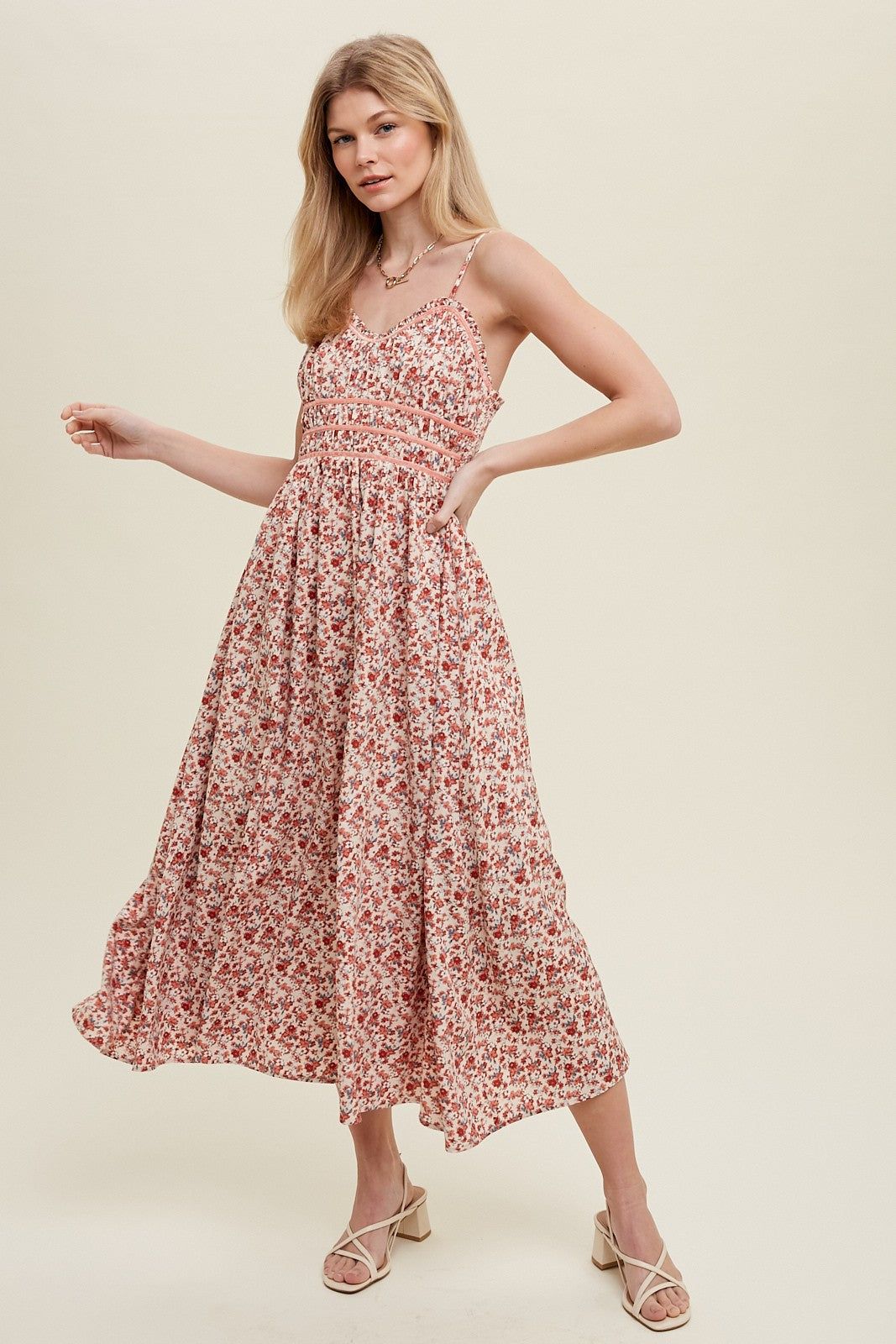 Cream Floral Midi Dress With Piping Detail sold by Pinkblush