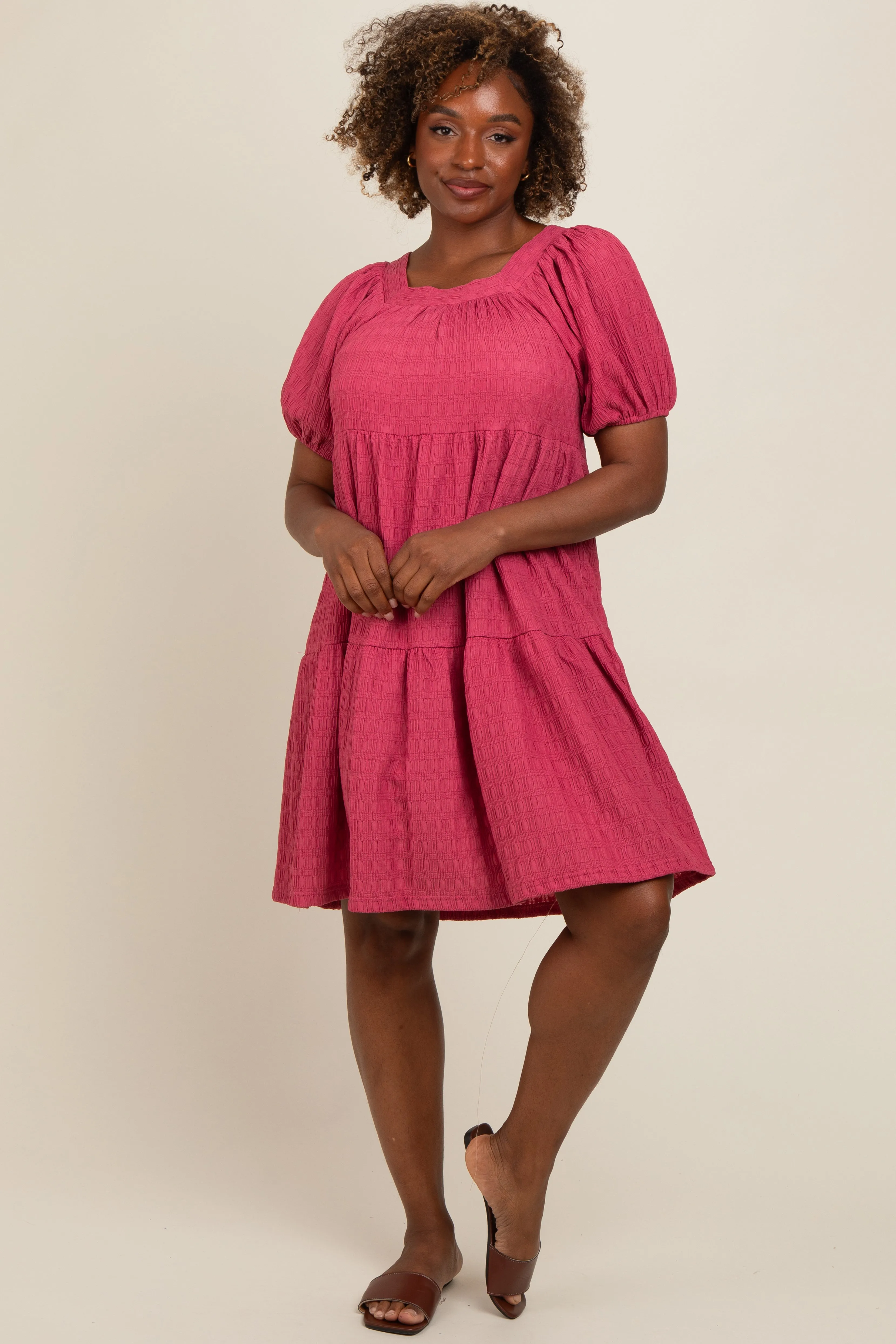 Pink Textured Tiered Puff Sleeve Dress sold by Pinkblush