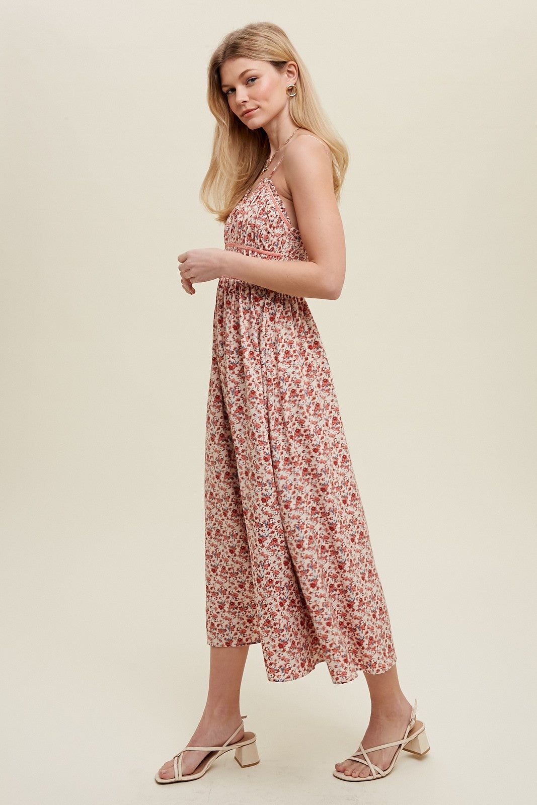 Cream Floral Midi Dress With Piping Detail sold by Pinkblush product image thumbnail 2