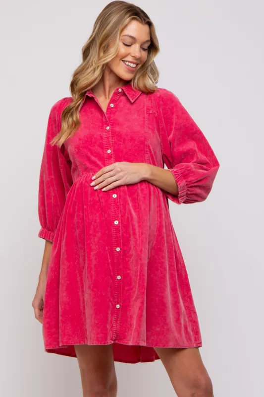 Fuchsia Corduroy Button Down Collared Maternity Dress sold by Pinkblush