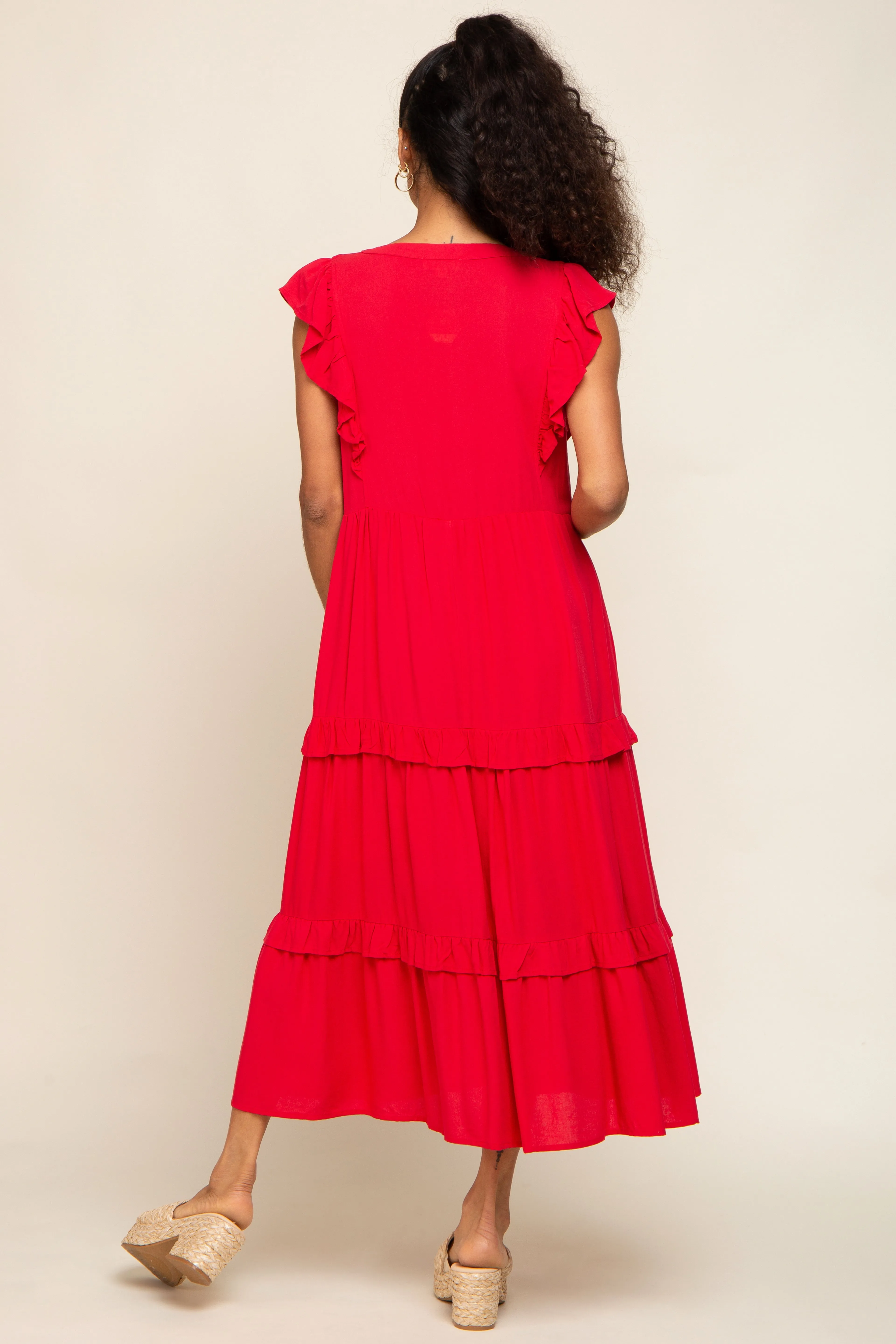 Red Ruffle Accent Tiered Midi Dress sold by Pinkblush product image thumbnail 3