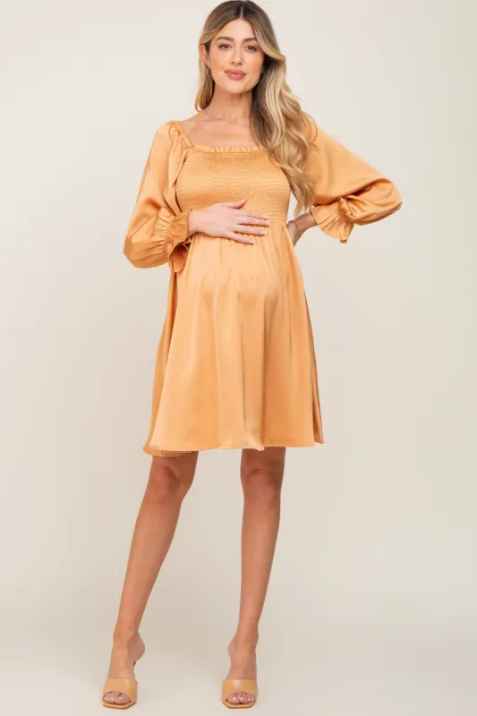 Camel Satin Smocked Square Neck Maternity Dress sold by Pinkblush