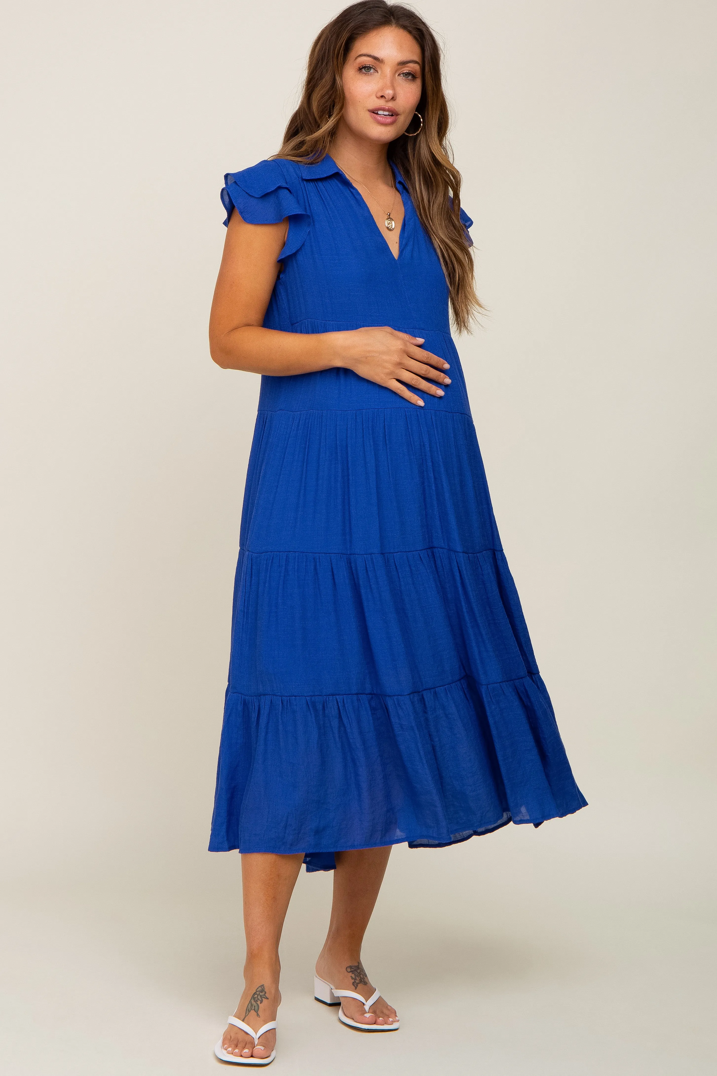 Royal Blue Flutter Sleeve Tiered Maternity Midi Dress sold by Pinkblush product image thumbnail 5