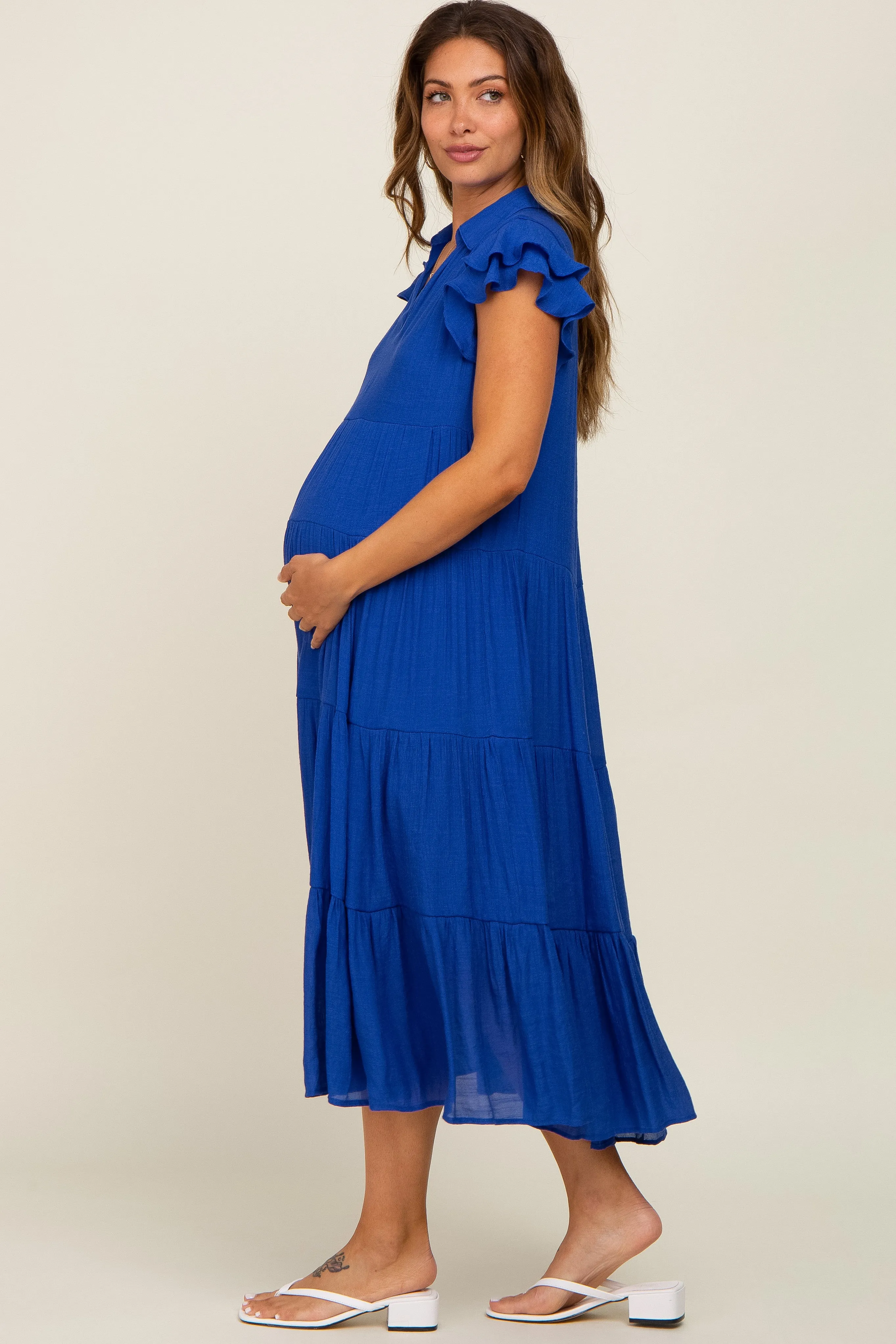 Royal Blue Flutter Sleeve Tiered Maternity Midi Dress sold by Pinkblush product image thumbnail 2