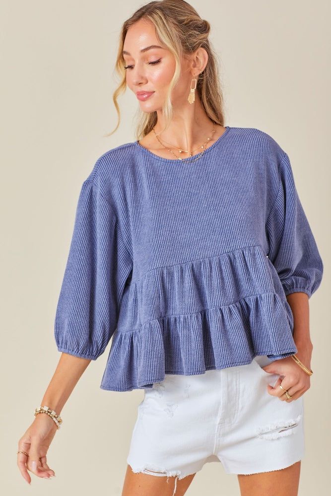 Blue Ribbed Knit Multi Tiered Ruffle Top sold by Pinkblush