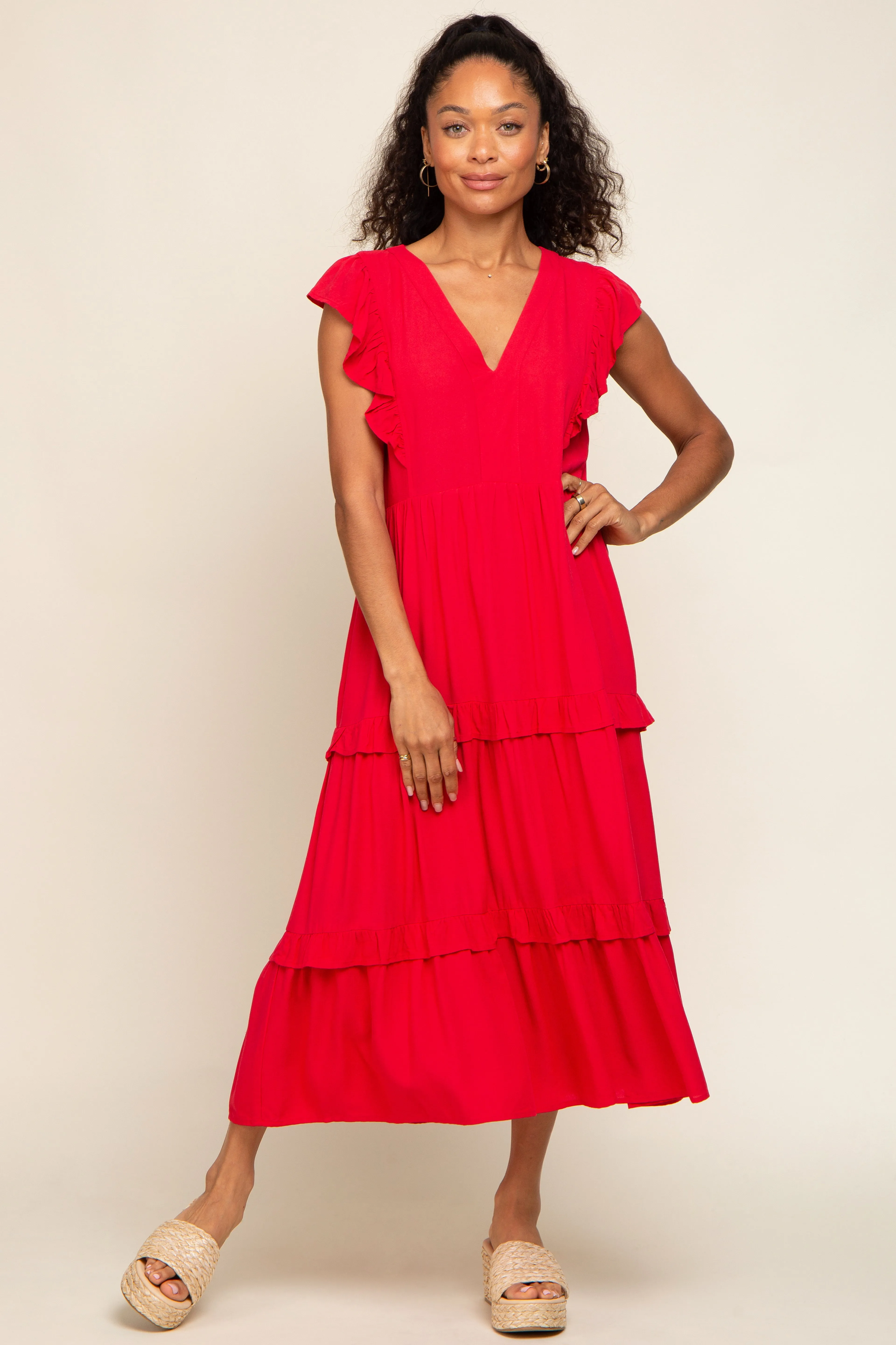 Red Ruffle Accent Tiered Midi Dress sold by Pinkblush product image thumbnail 4