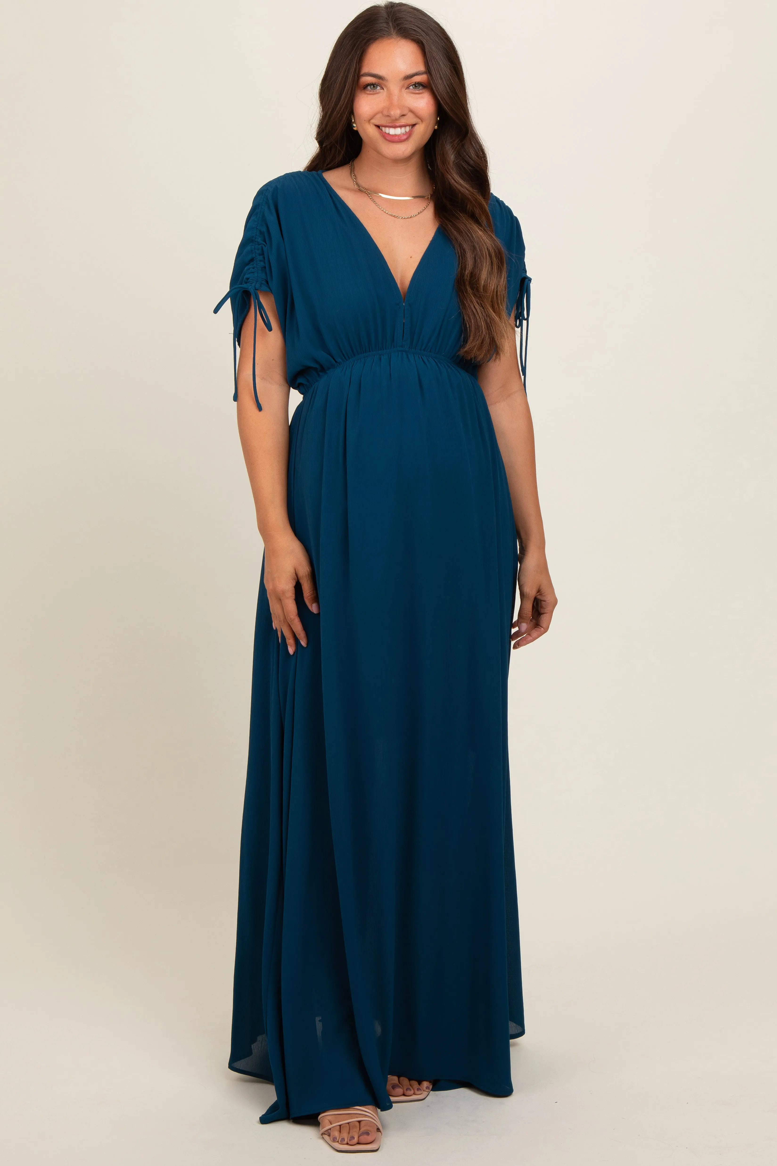 Navy Blue V-Neck Drawstring Short Sleeve Side Slit Maternity Maxi Dress sold by Pinkblush