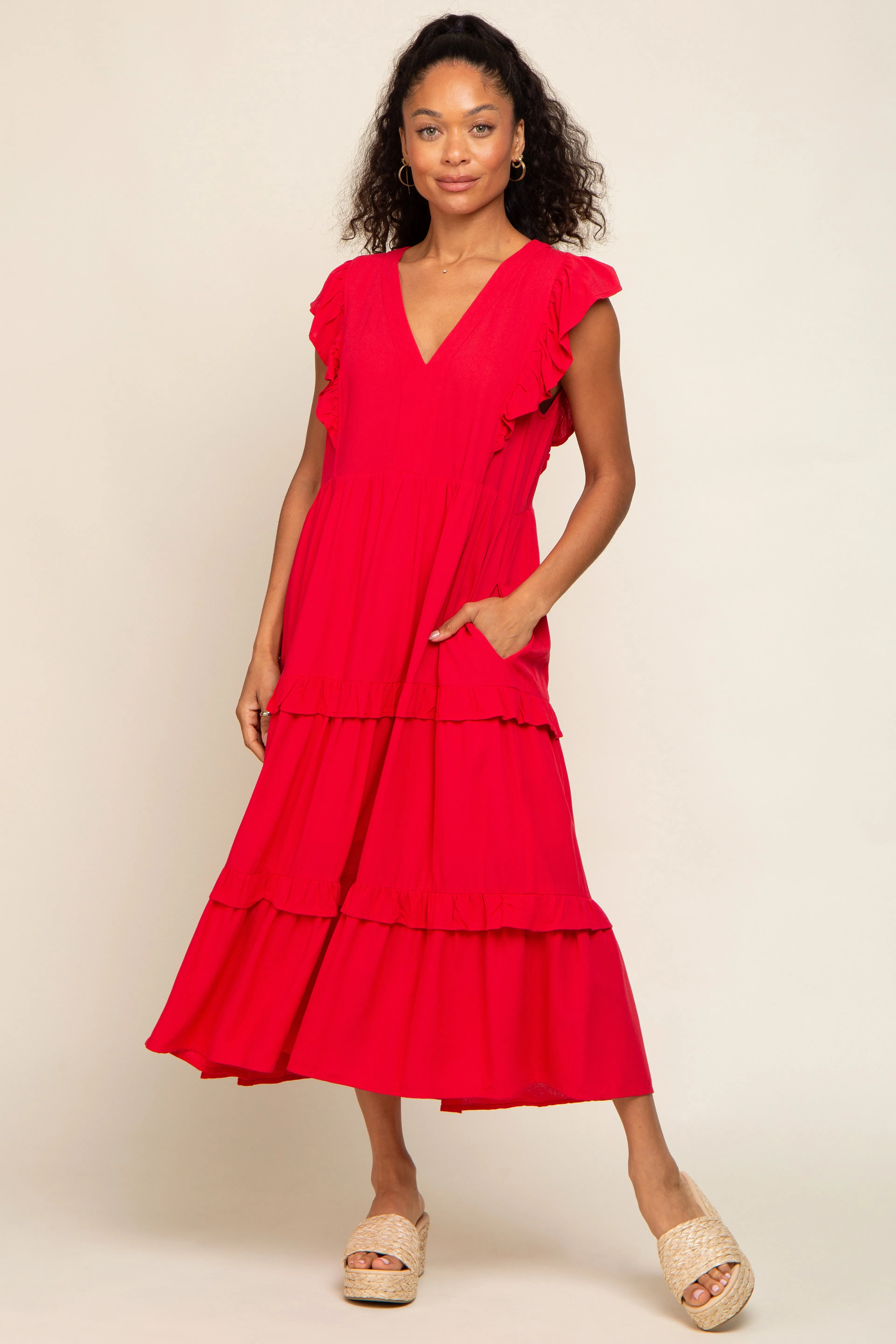 Red Ruffle Accent Tiered Midi Dress sold by Pinkblush
