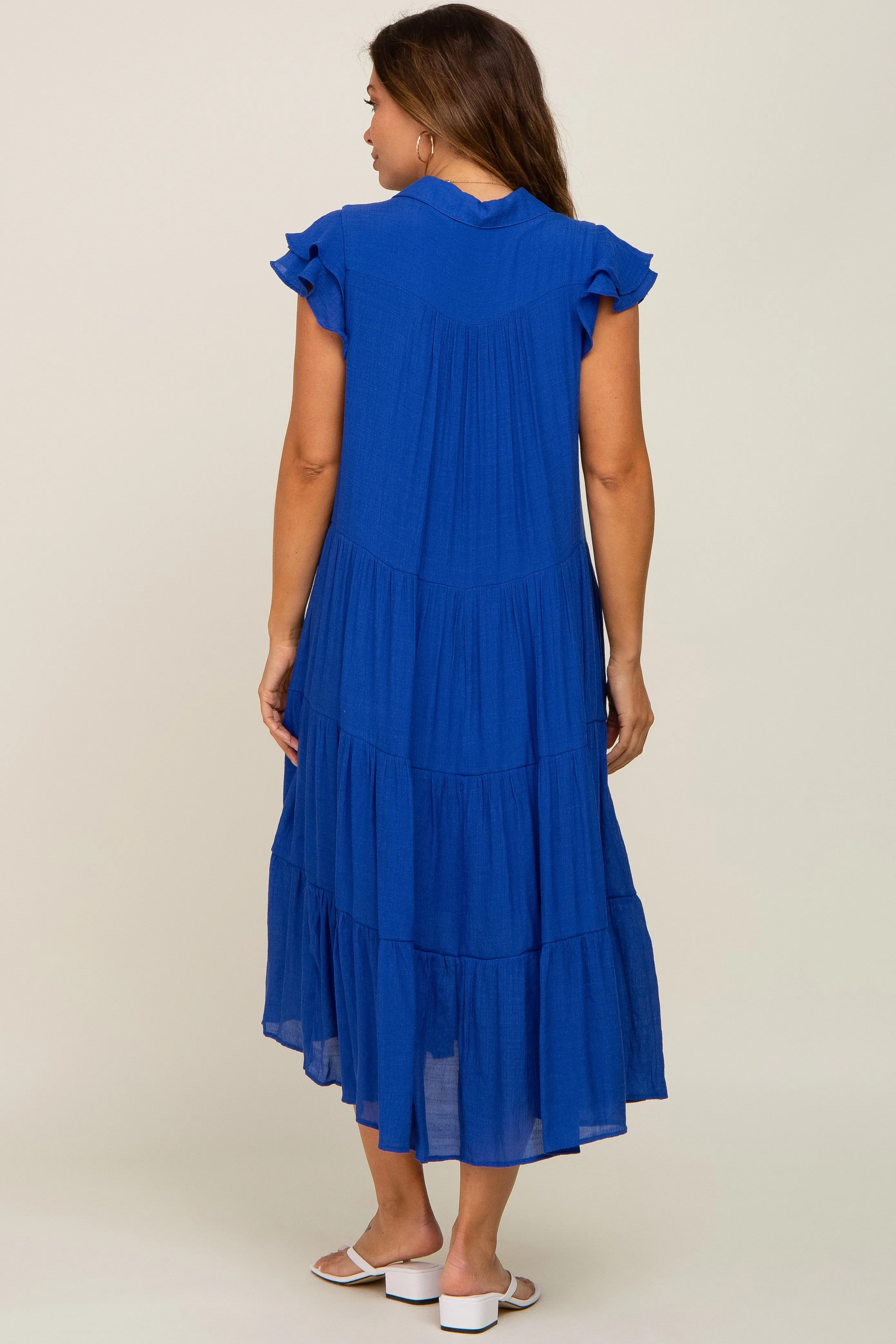 Royal Blue Flutter Sleeve Tiered Maternity Midi Dress sold by Pinkblush product image thumbnail 3