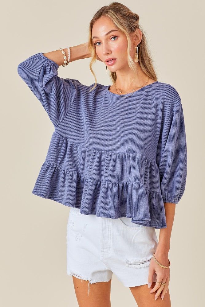 Blue Ribbed Knit Multi Tiered Ruffle Top sold by Pinkblush product image thumbnail 5