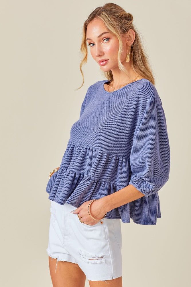 Blue Ribbed Knit Multi Tiered Ruffle Top sold by Pinkblush product image thumbnail 2