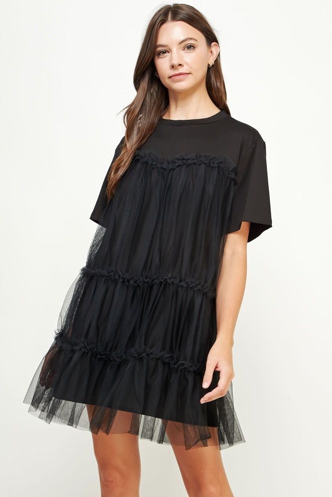 Black Tulle Overlay Tiered Mini Dress sold by Pinkblush