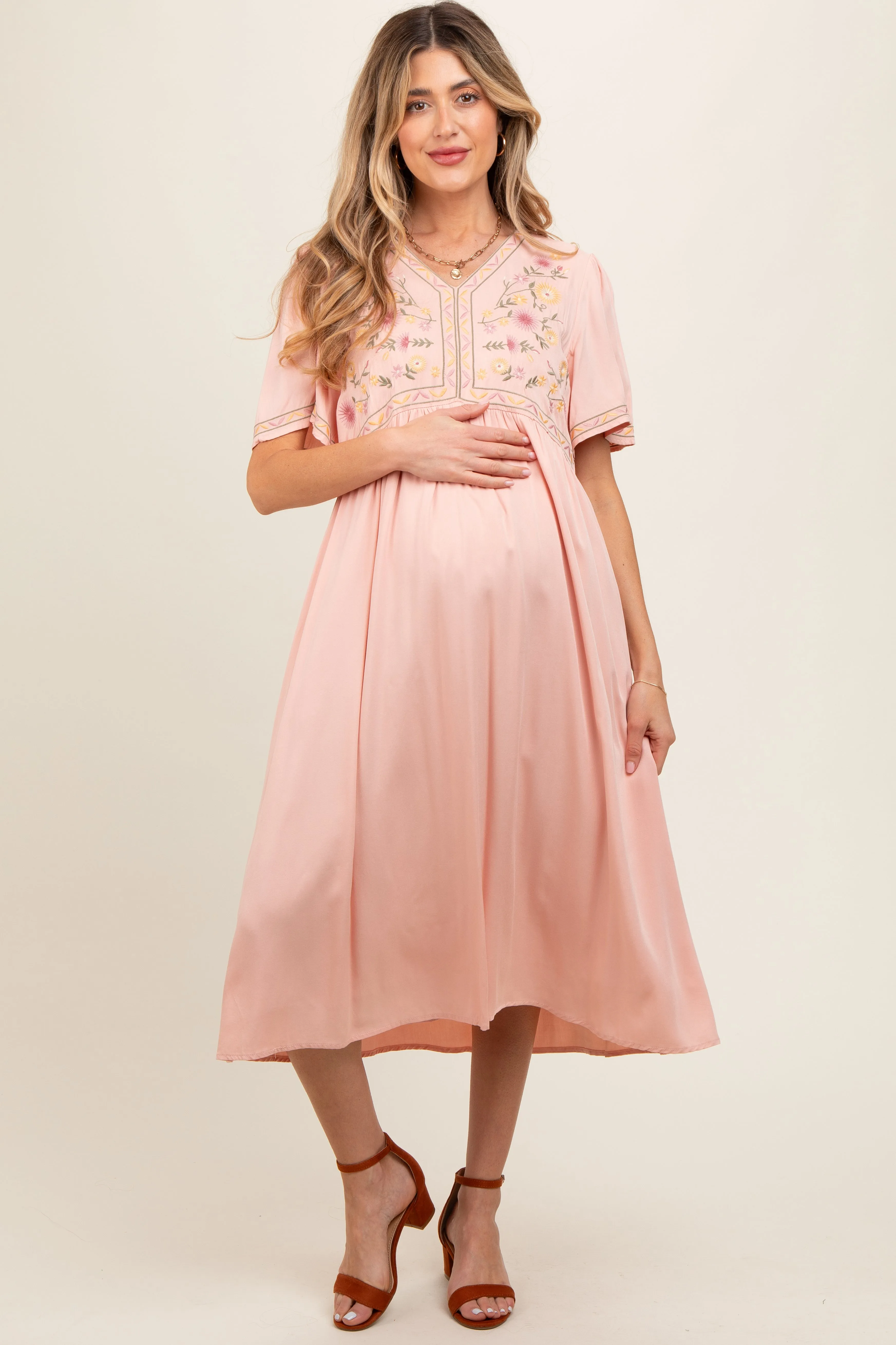 Peach Short Sleeve V-Neck Maternity Midi Dress sold by Pinkblush